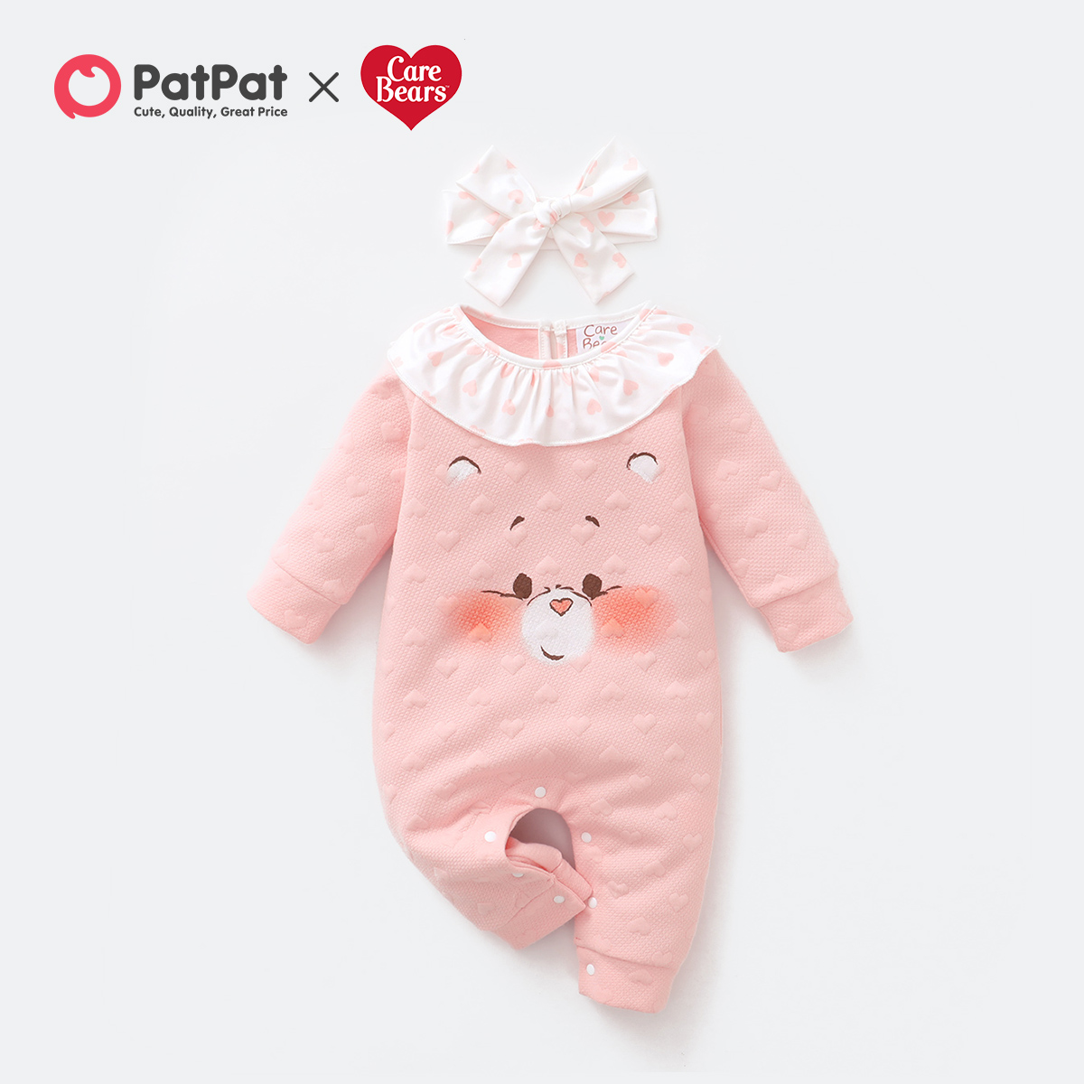

Care Bears 2pcs Baby Girl Love Heart Print Ruffle Collar Pink Textured Long-sleeve Jumpsuit with Headband Set
