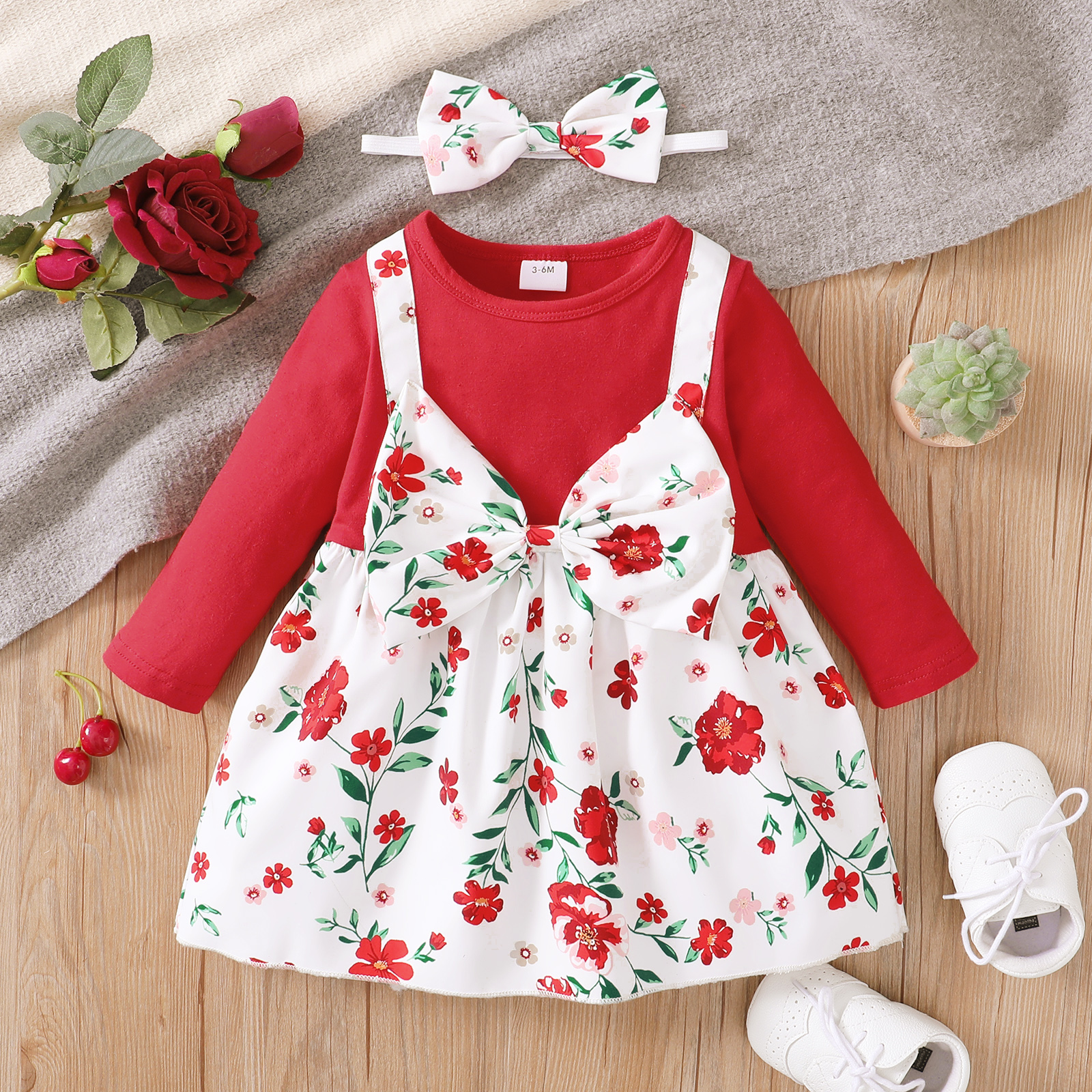 

2pcs Baby Girl Red Floral Print Bowknot Faux-two Long-sleeve Dress with Headband Set