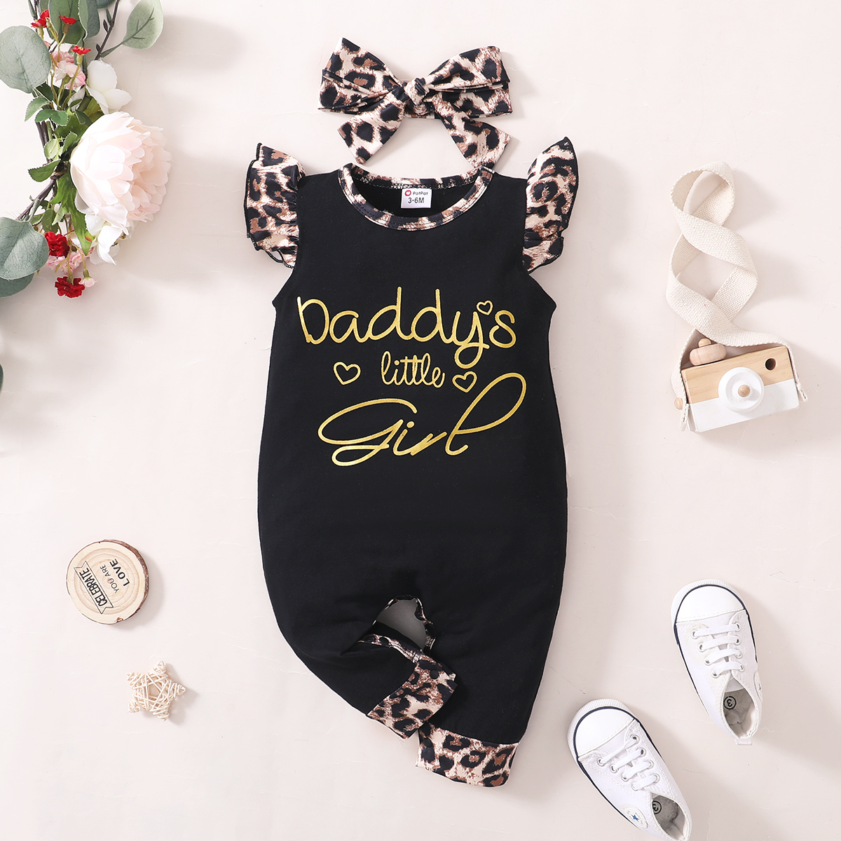 

2pcs Baby Girl Letter Print Black Leopard Flutter-sleeve Jumpsuit with Headband Set