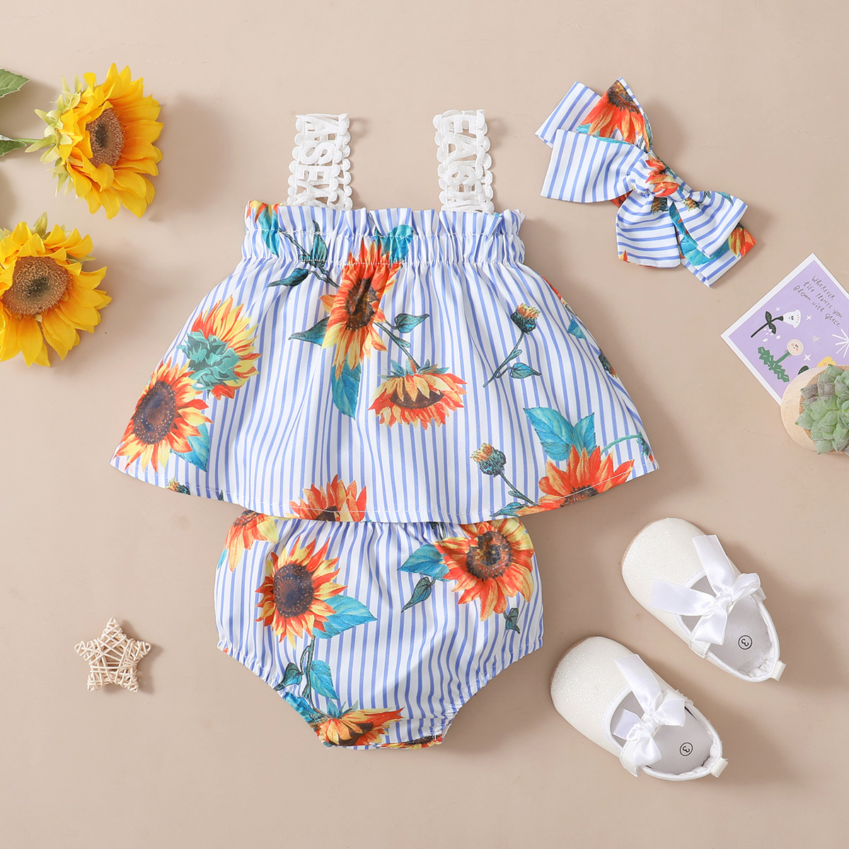 

3pcs Baby Girl Sunflower Floral Print Blue Striped Sleeveless Top and Shorts with Headband Set