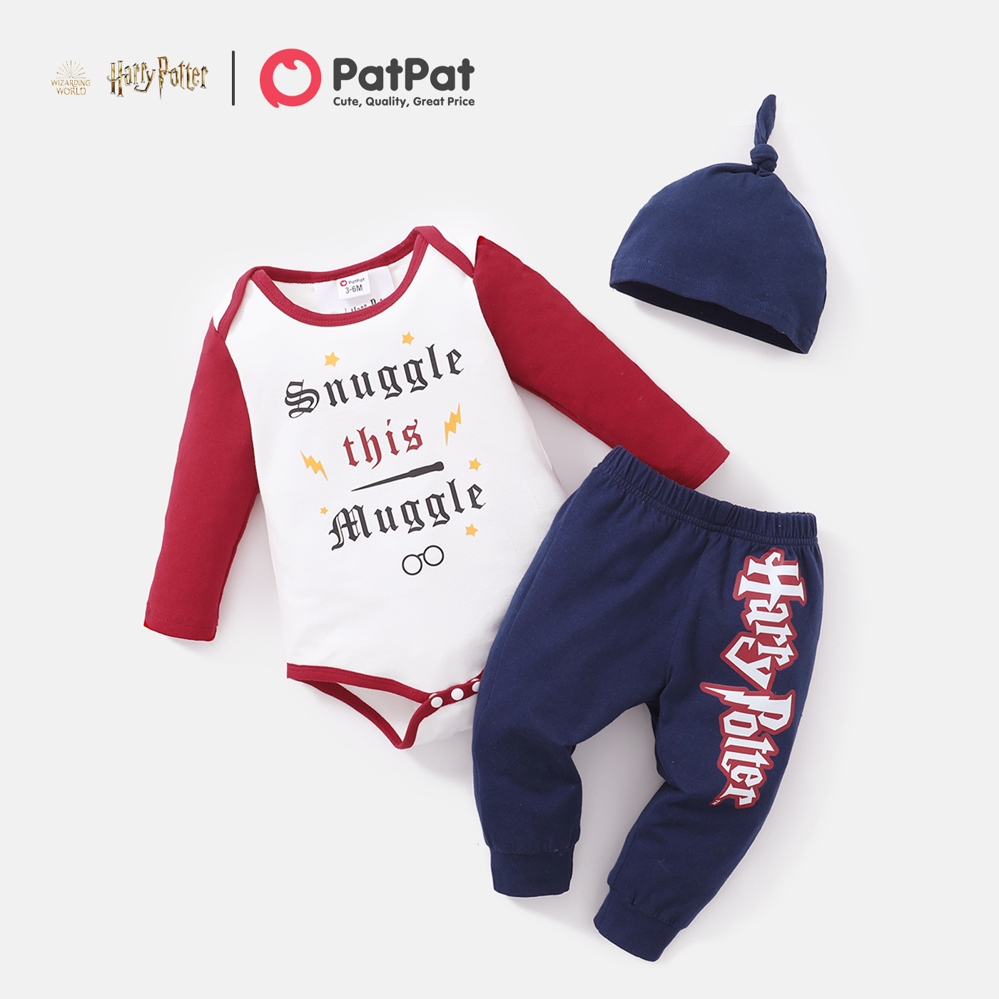 

Harry Potter 3pcs Baby Boy Letter Print Splicing Long-sleeve Romper and Trousers with Hat Set
