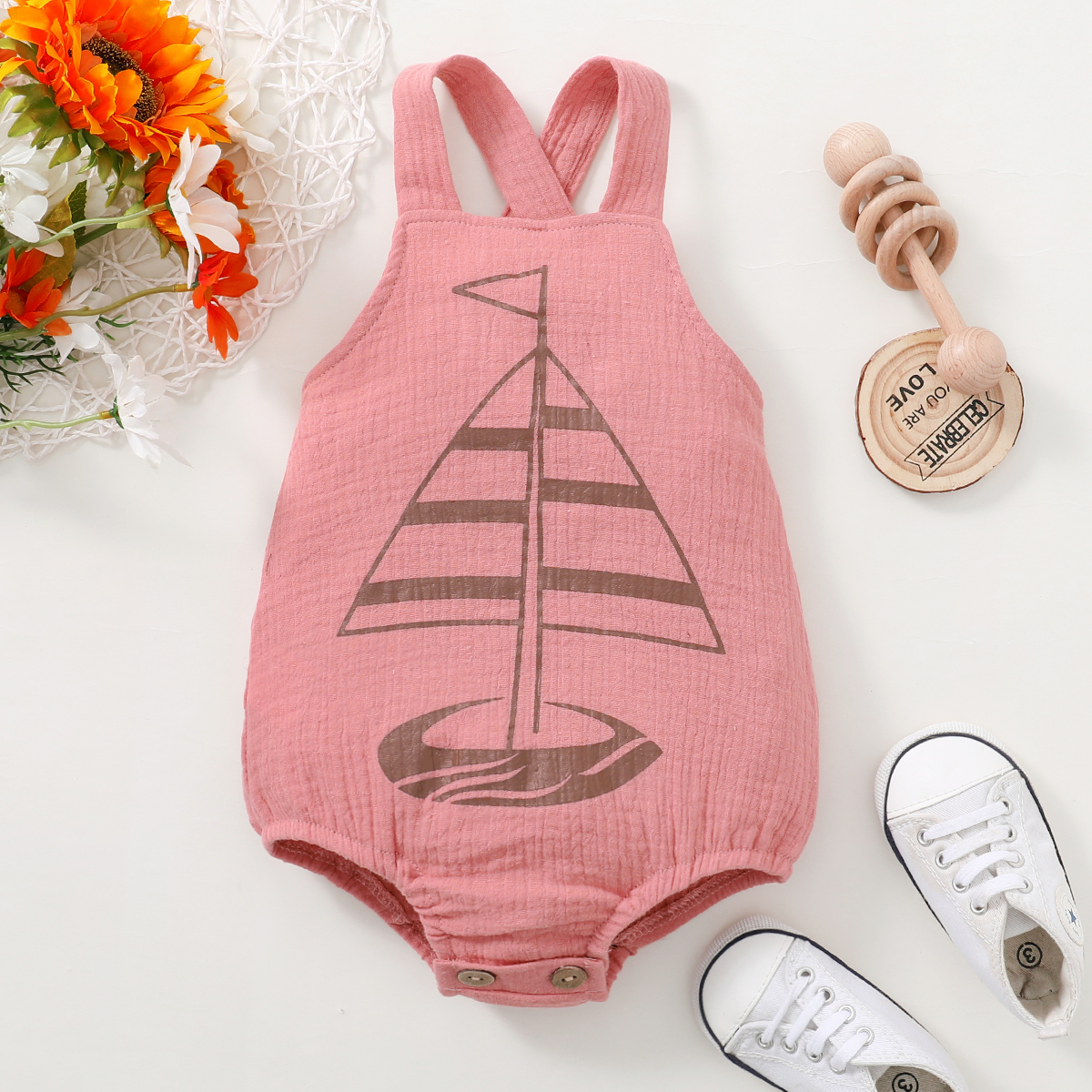 

Baby Boy/Girl Sailboat Print Sleeveless Crepe Romper