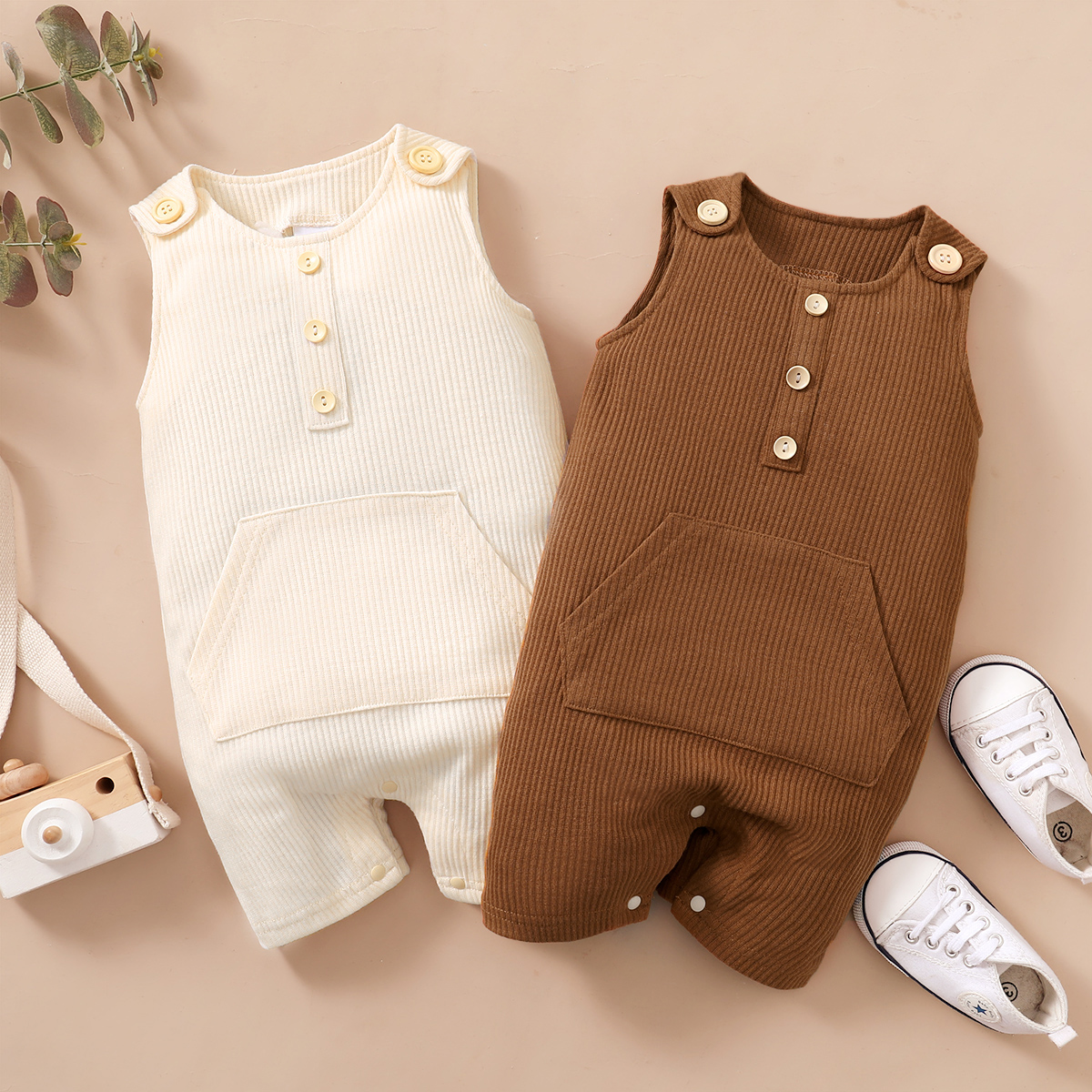 

Baby Boy Solid Ribbed Sleeveless Button Romper with Pocket