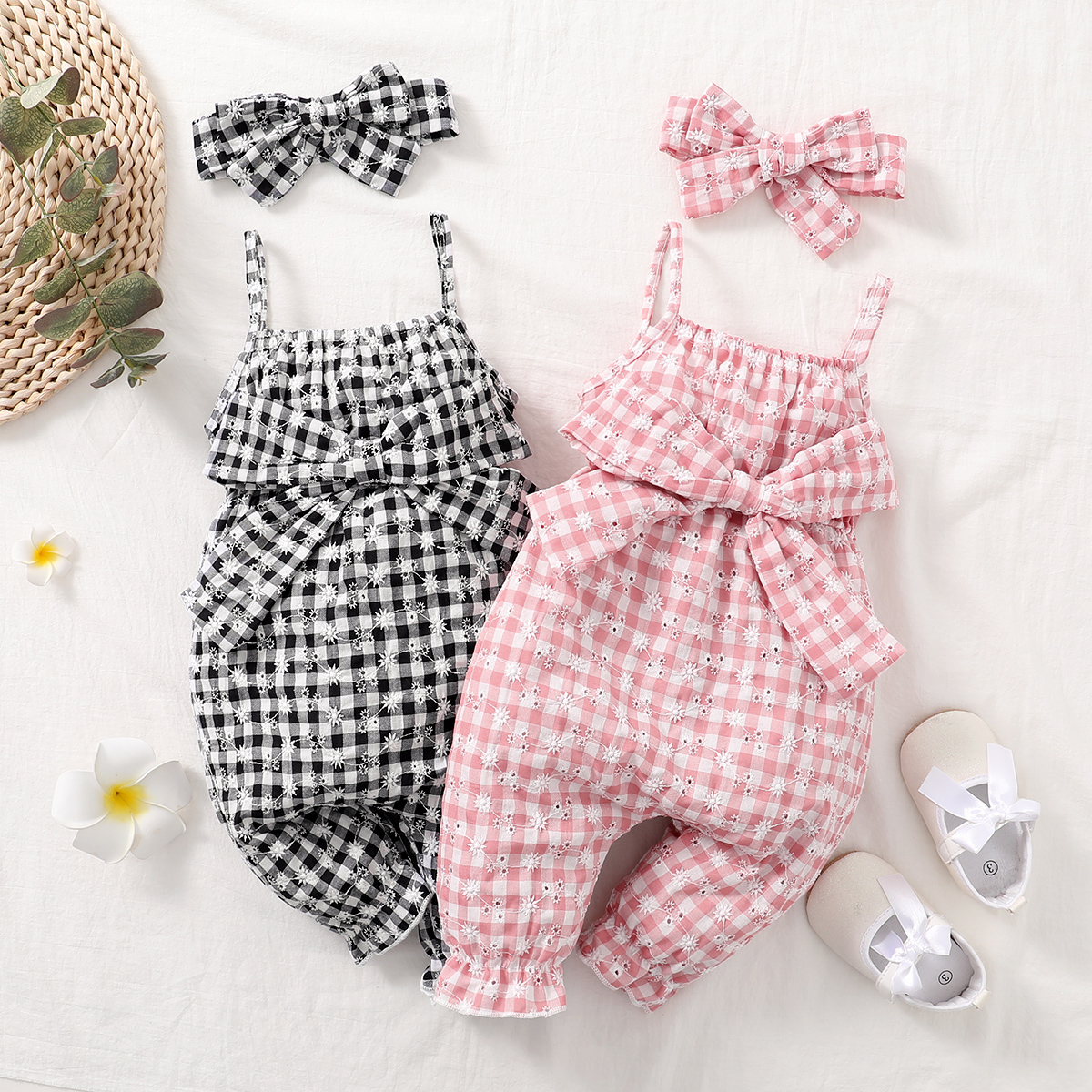 

2pcs Baby Girl Hollow-out Floral Embroidered Plaid Spaghetti Strap Bowknot Jumpsuit with Headband Set