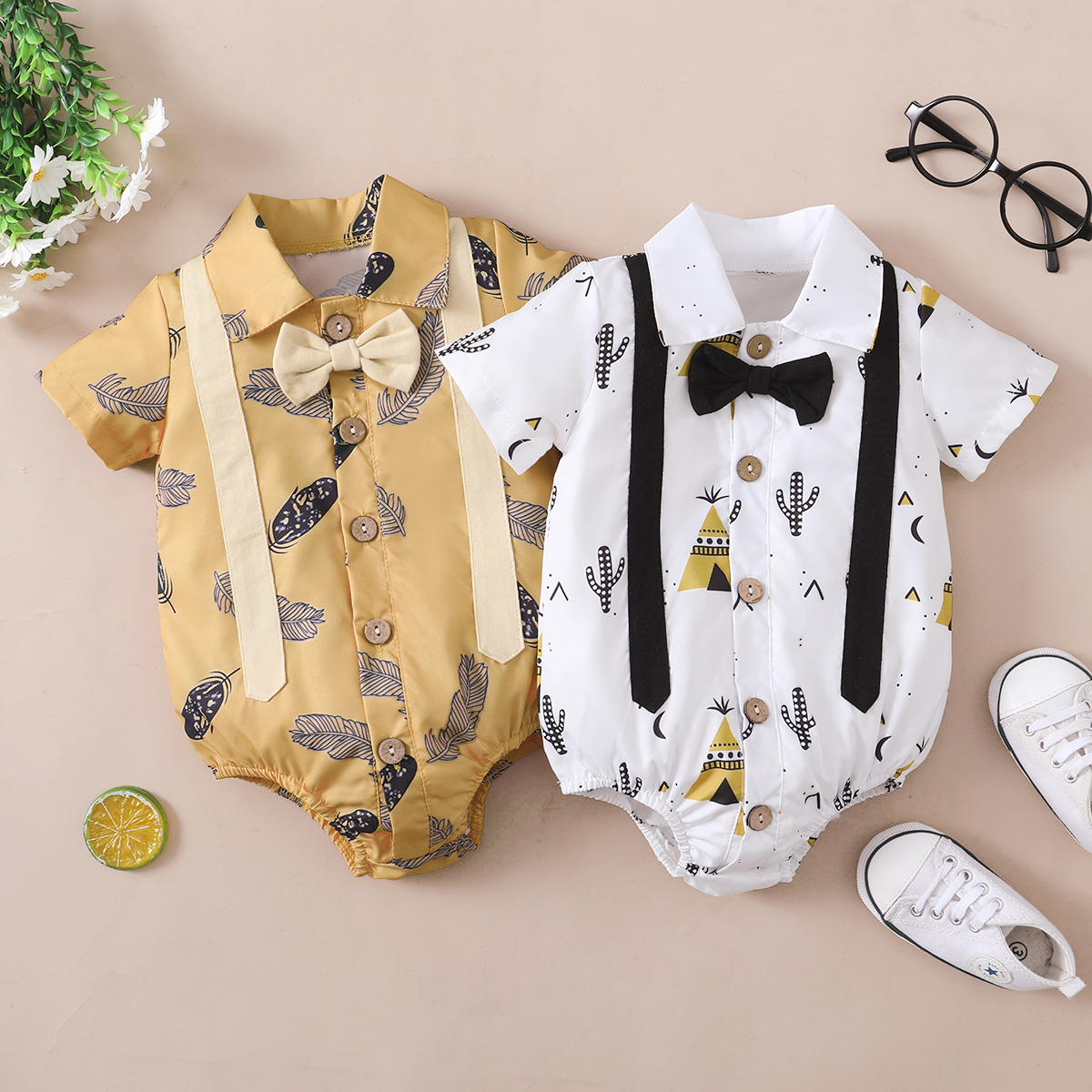 

Baby Boy All Over Print Shirt Collar Button Up Short-sleeve Gentleman Bow Tie Romper