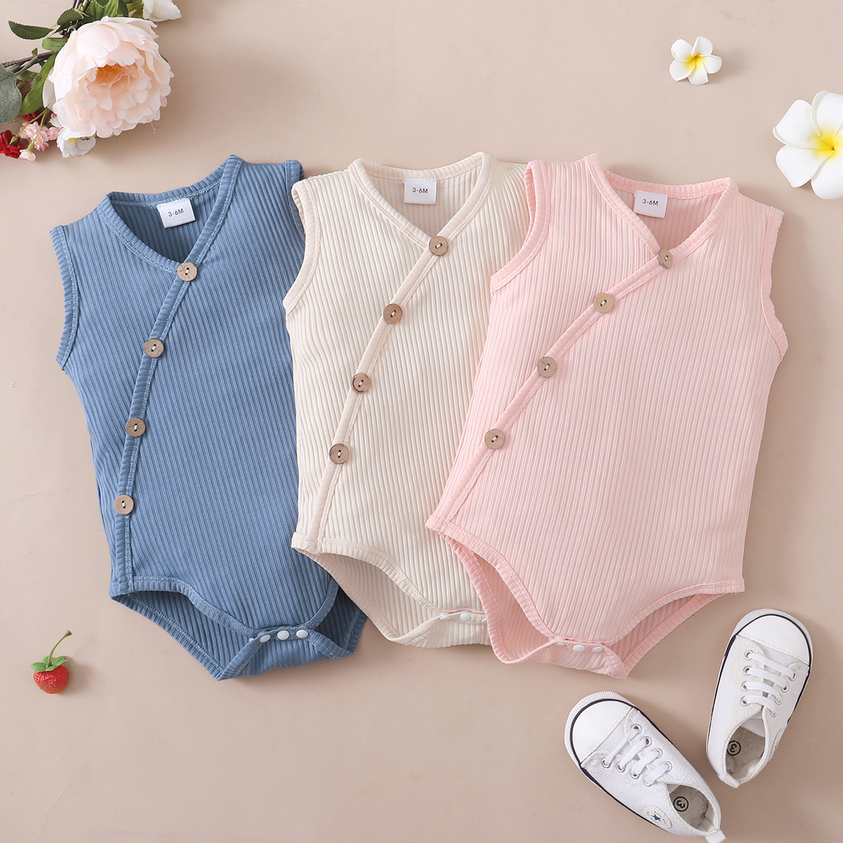 

Baby Boy/Girl Button Design Solid Ribbed Sleeveless Romper