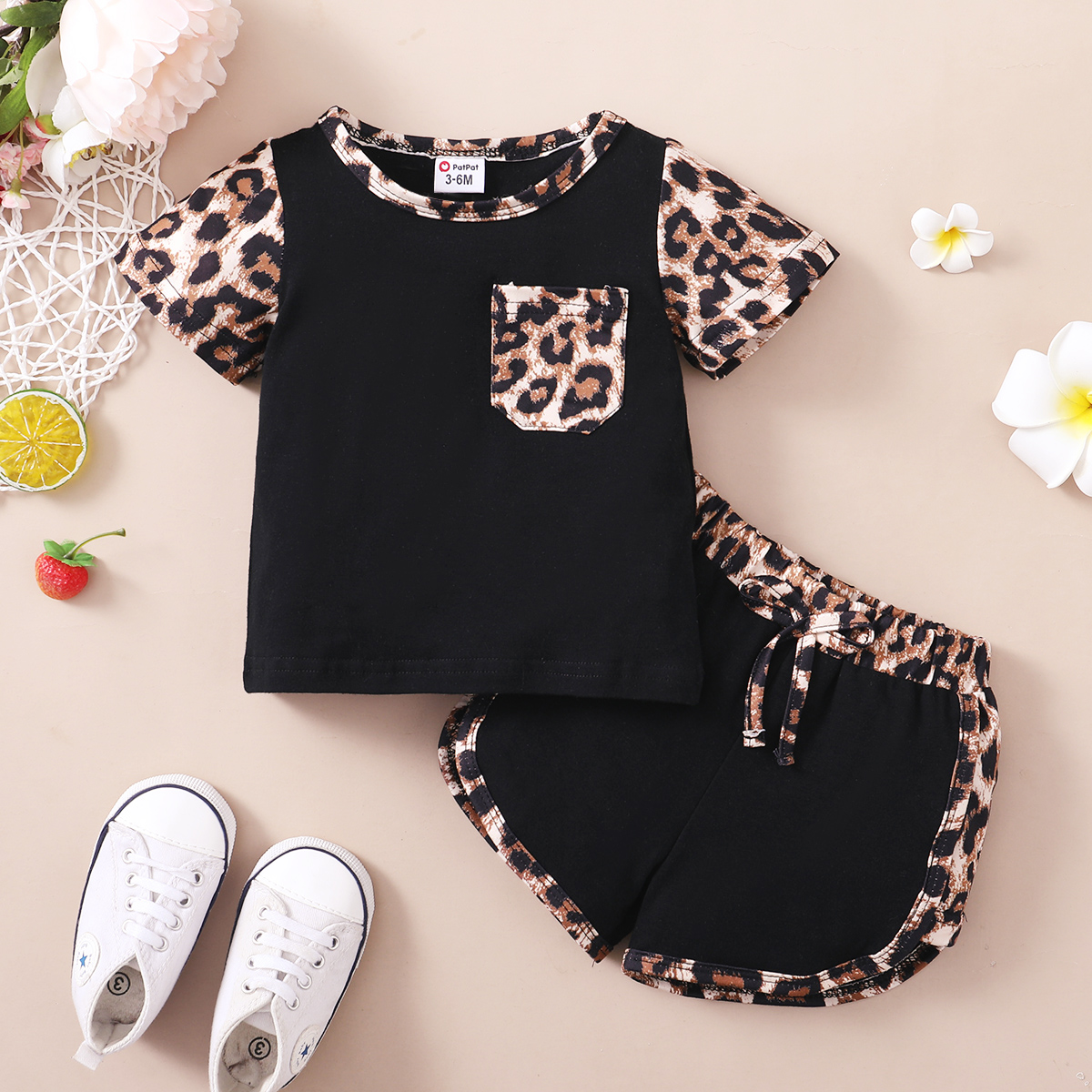 

2pcs Baby Girl Black Leopard Short-sleeve T-shirt and Shorts Set