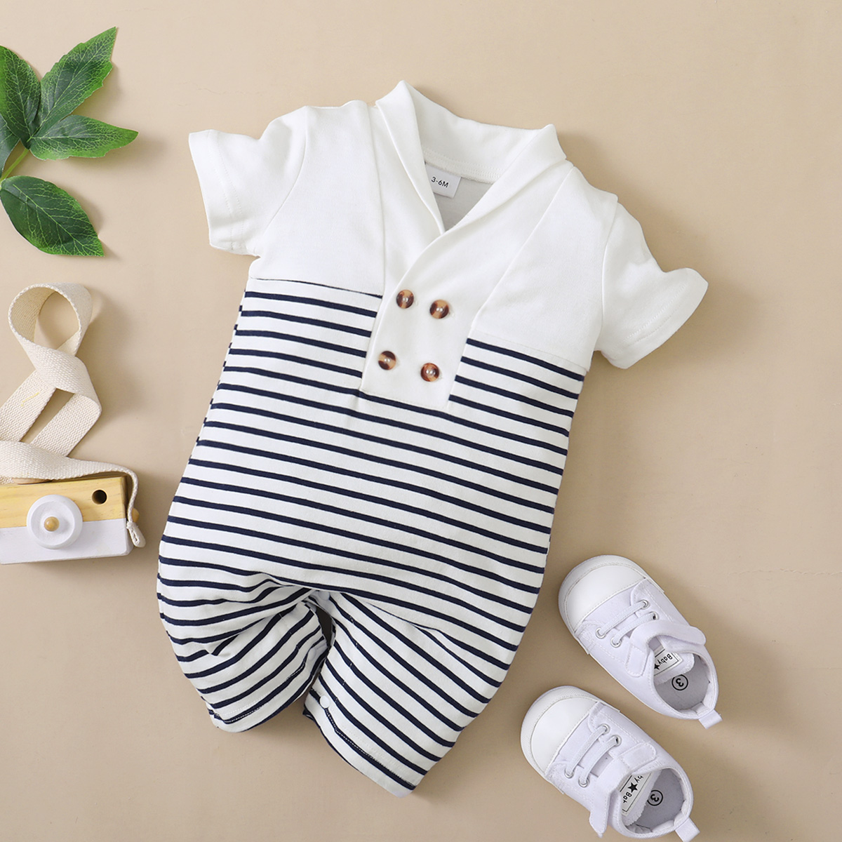 

Baby Boy/Girl Lapel Double Breasted Short-sleeve Colorblock Striped Romper