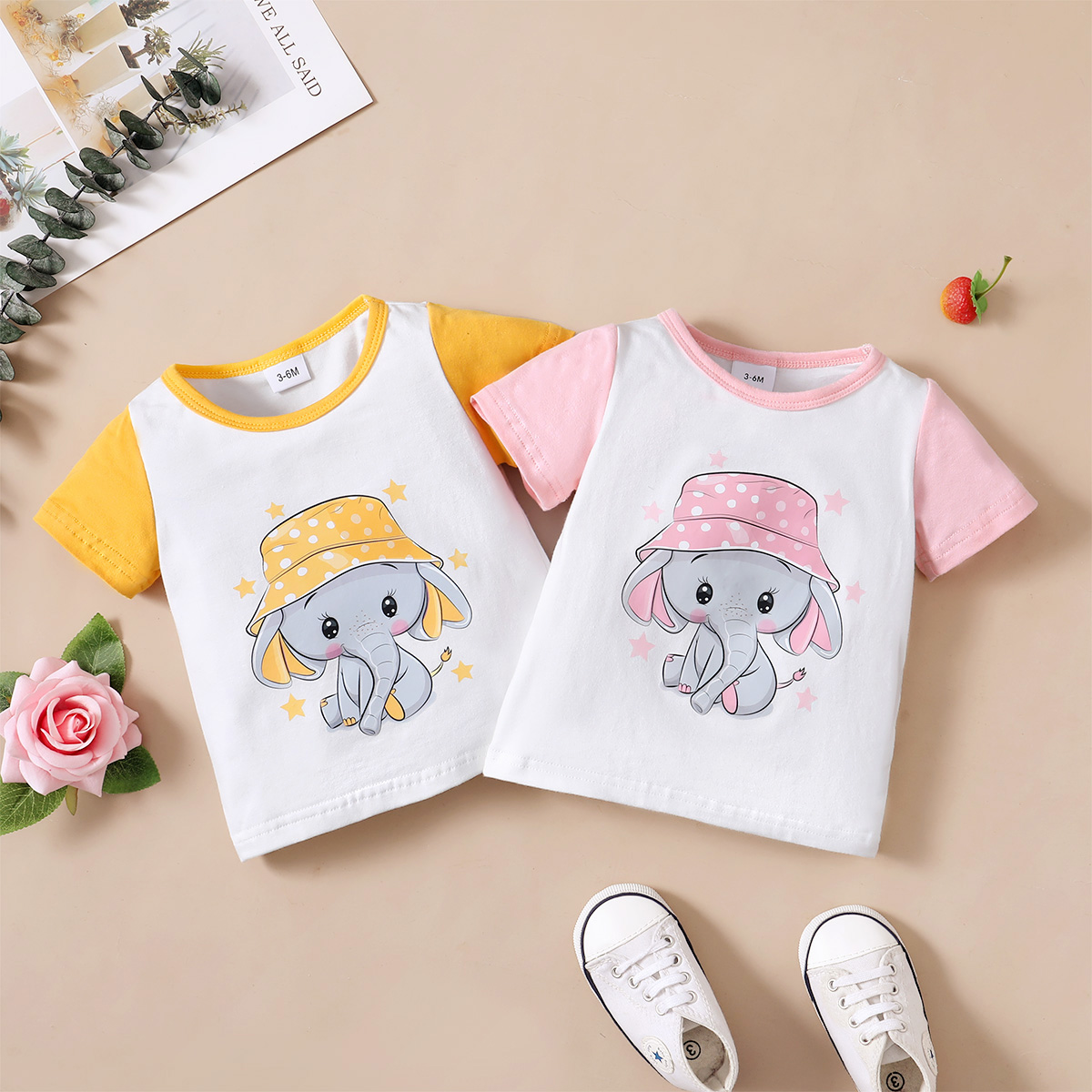 

Baby Boy/Girl Cartoon Elephant Print Colorblock Short-sleeve T-shirt