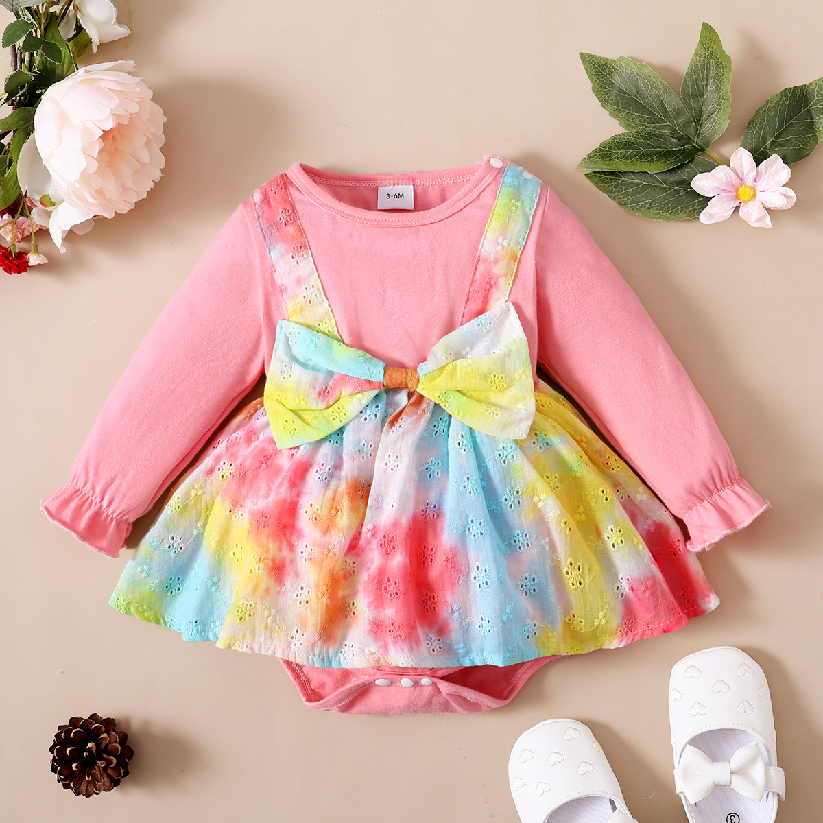 

Baby Girl Colorful Tie Dye Long-sleeve Bowknot Romper Dress