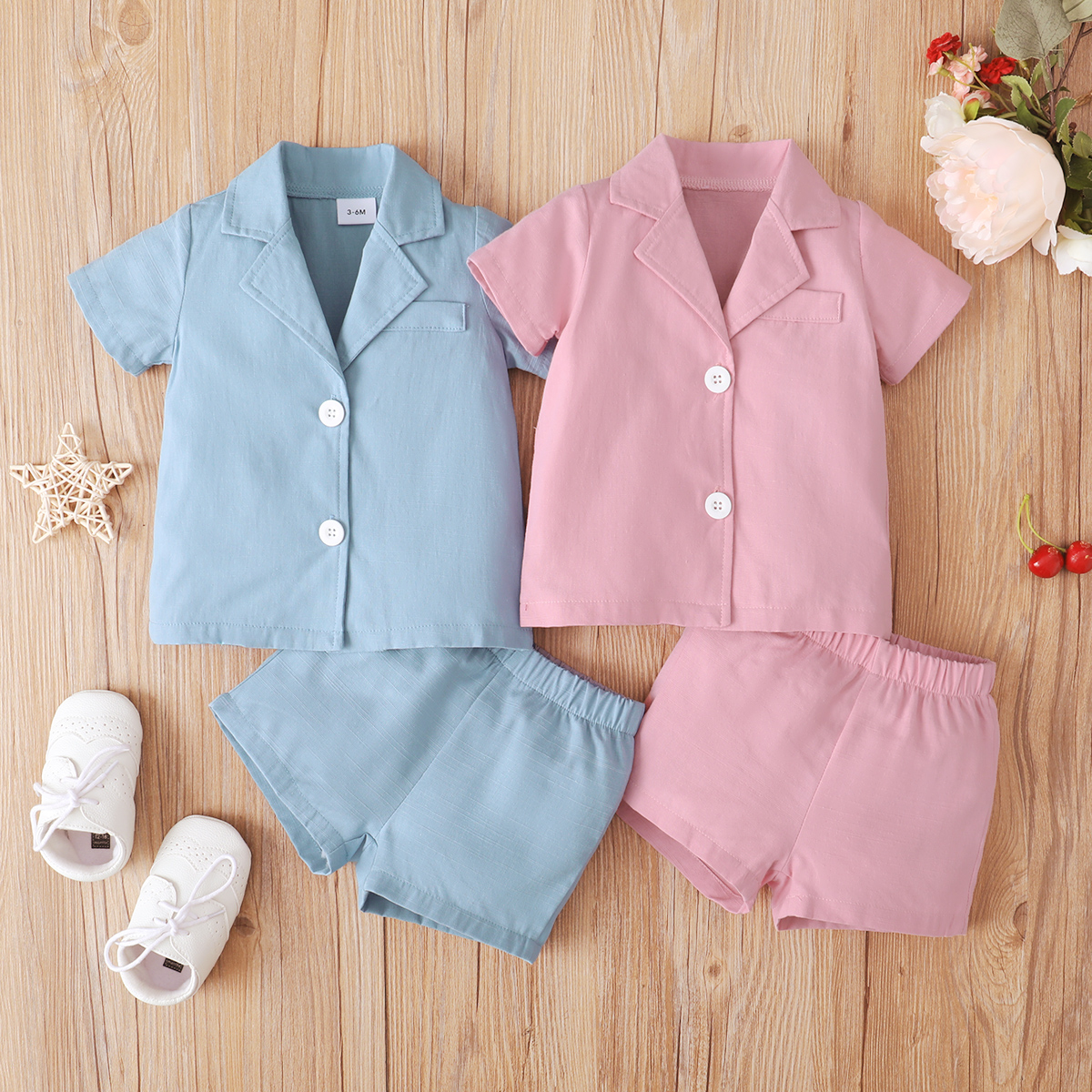 

2pcs Baby Girl Solid Lapel Button Up Short-sleeve Top and Elasticized Waist Shorts Set