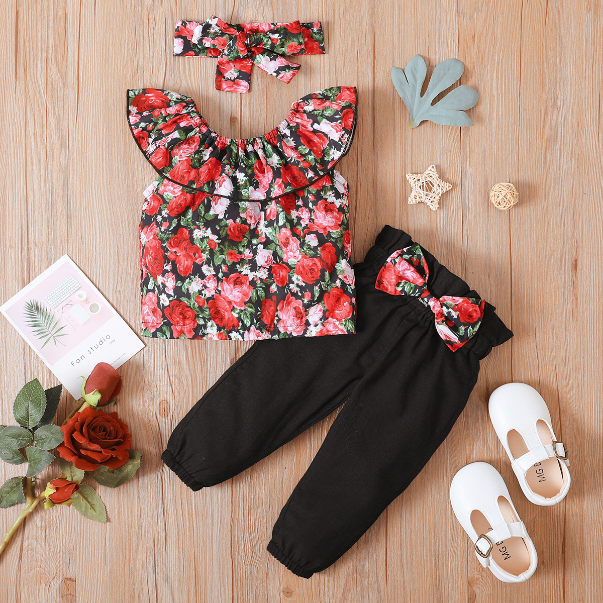 

3pcs Baby Girl Floral Print Ruffle Sleeveless Top and Bowknot Pants with Headband Set