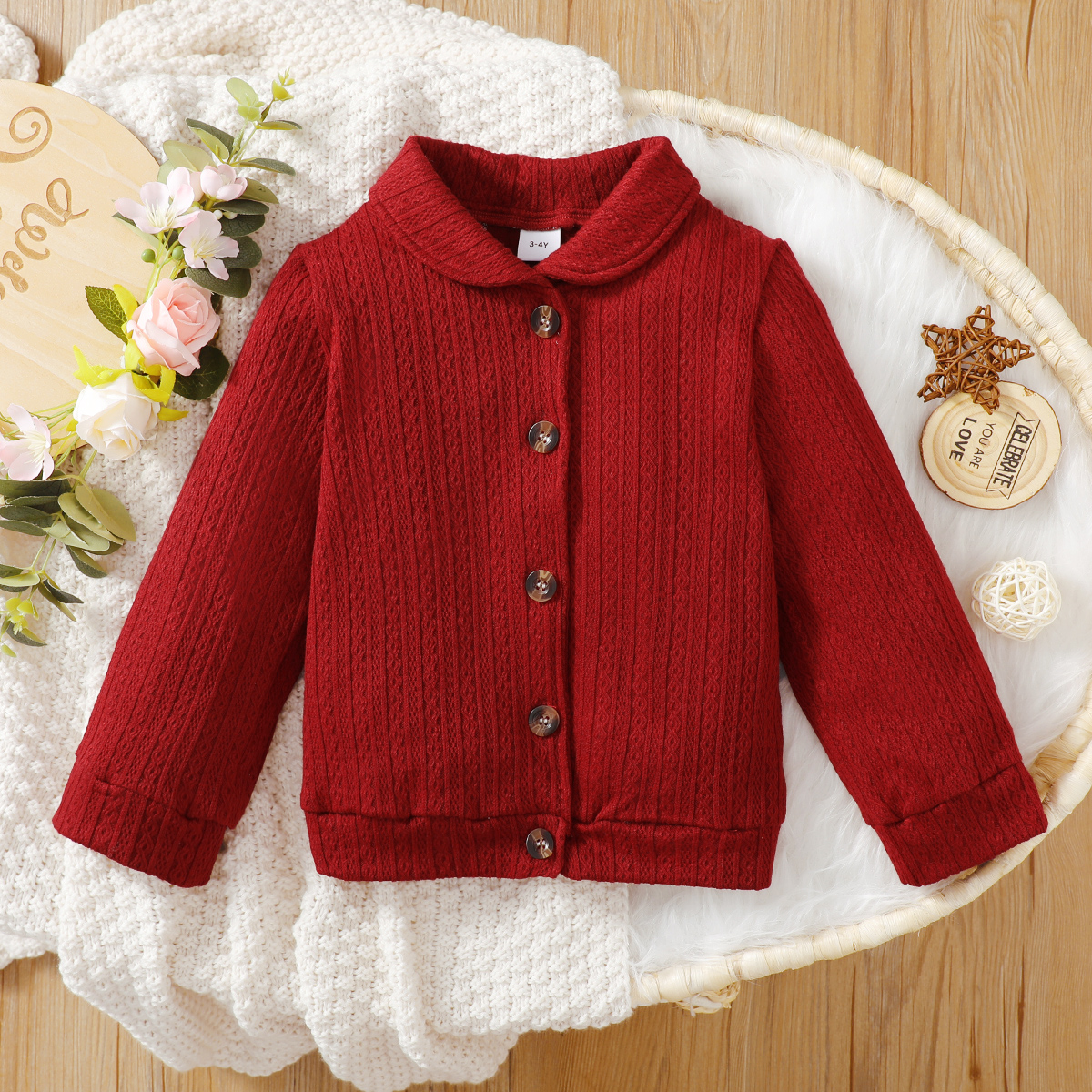 

Toddler Girl Lapel Collar Button Design Cable Knit Jacket