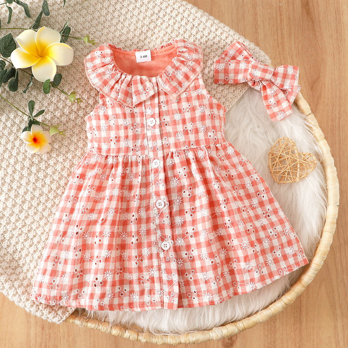 

2pcs Baby Girl Floral Embroidered Pink Plaid Ruffle Sleeveless Tank Dress with Headband Set