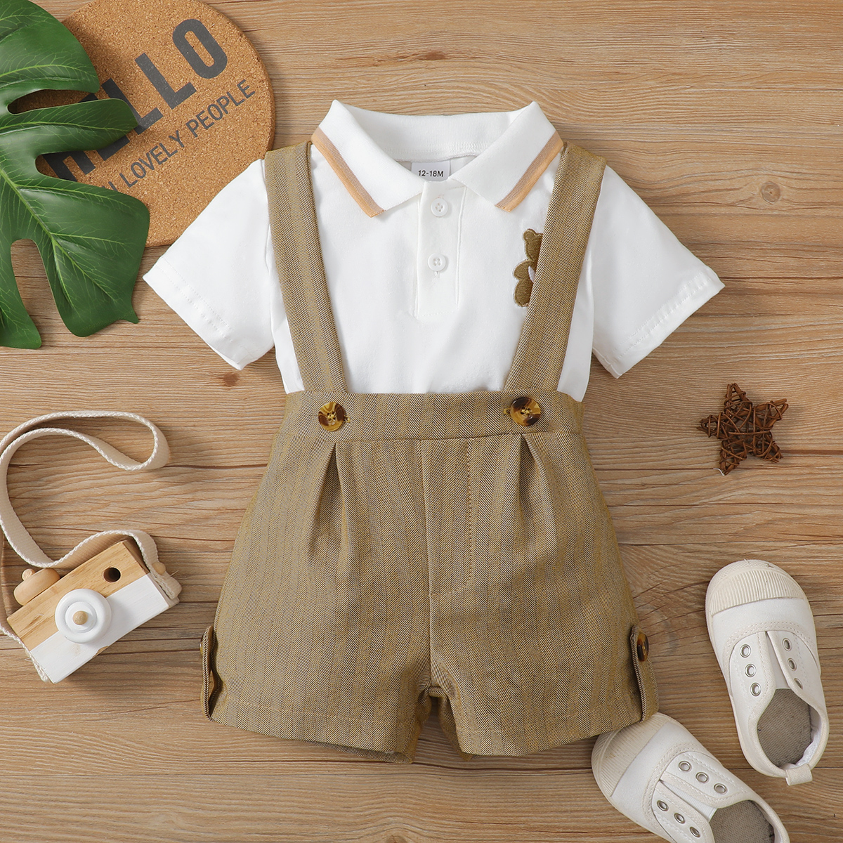 

2pcs Baby Boy 95% Cotton Short-sleeve Polo Shirt and Suspender Shorts Set
