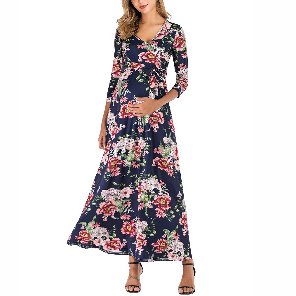

Maternity Deep V Neck Floral full print Maxi A Long-sleeve Dress