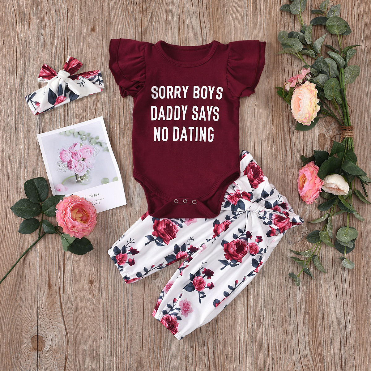 

100% Cotton 3pcs Letter Print Ruffle Sleeve Romper and Floral Print Trousers Set