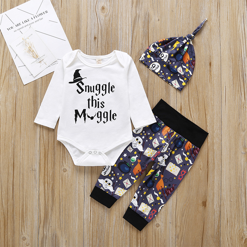 

3-piece Baby / Toddler Letter Print Bodysuit, Cartoon Print Pants and Hat Set