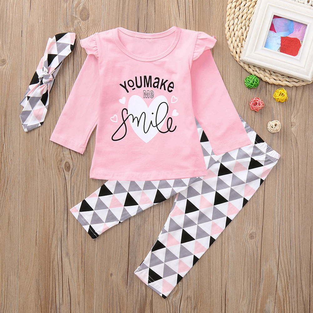 

3-piece Ruffled Letter Bodysuit, Triangle Print Pants and Bowknot Headband