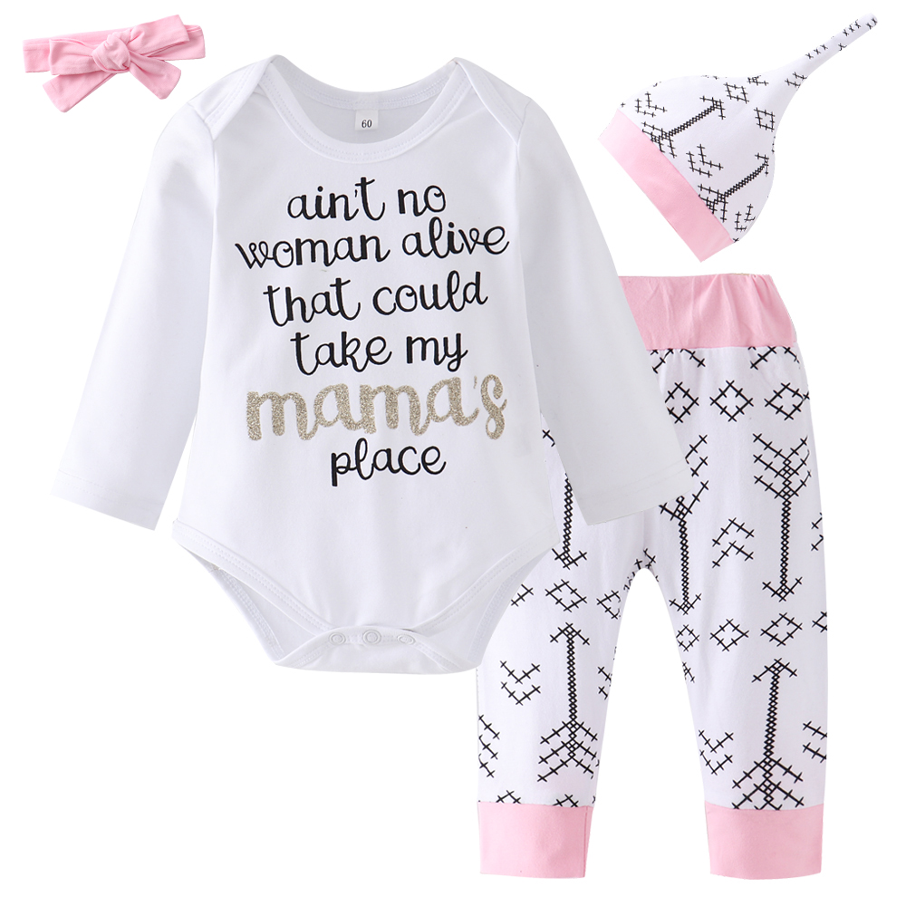 

4-piece Letter Print Bodysuit and Pants, Hat, Headband for Baby Girl