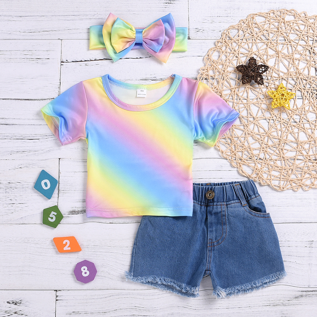 

3-piece Gradient Rainbow Tee Denim Shorts Set