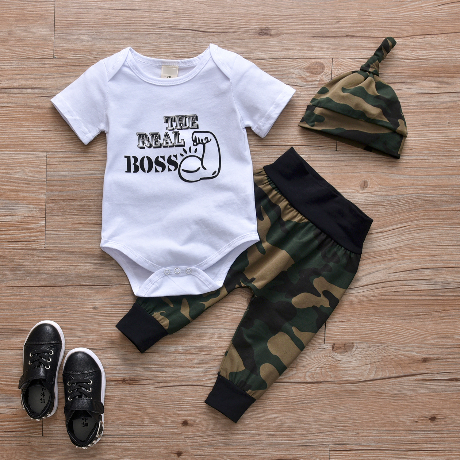 

3-piece Baby Boy's Letter Pattern Bodysuit, Camouflage Pants and Hat