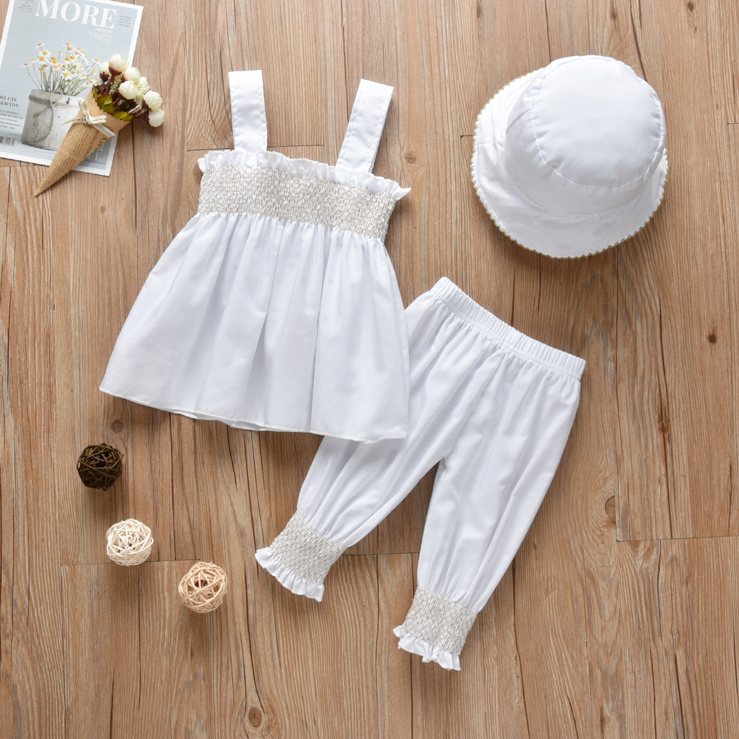 

3-piece Baby / Toddler Solid Strappy Top and Pants with Hat Set