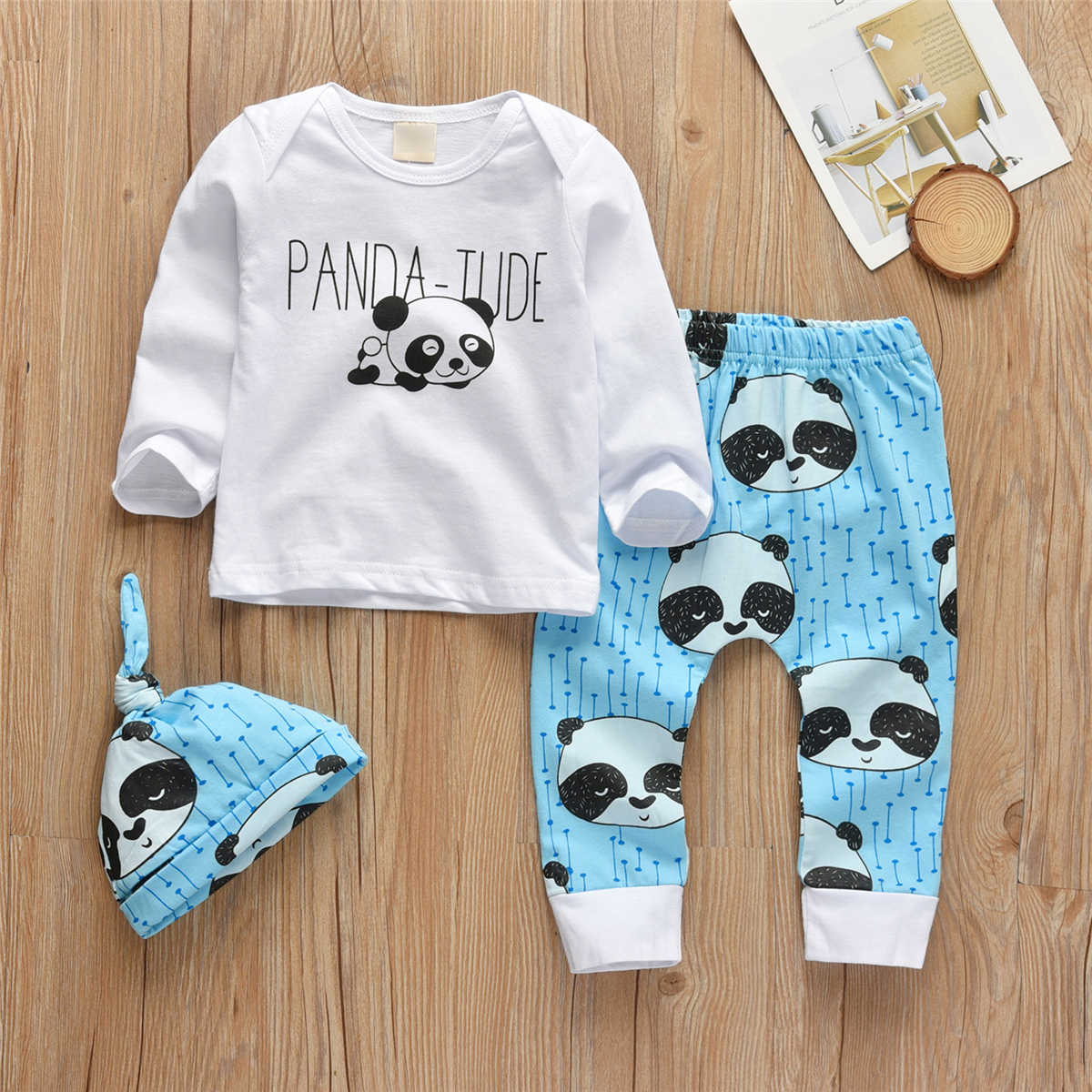 

3-piece Baby / Toddler PANDA-TUDE Print Long-sleeve Tee and Lovely Panda Print Pants with Headband Set