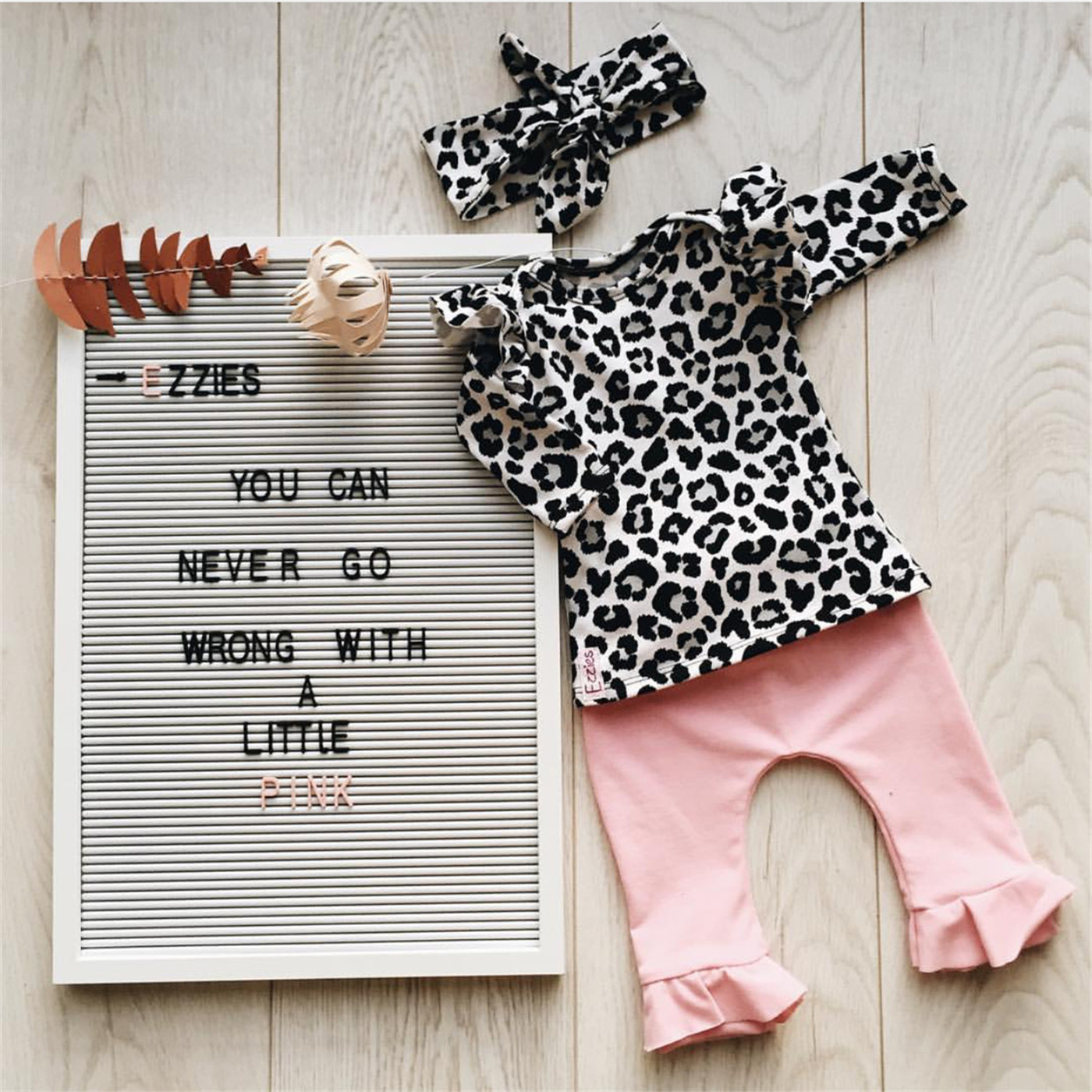 

3-piece Baby Girl Trendy Leopard Print Top and Solid Pants with Headband Set