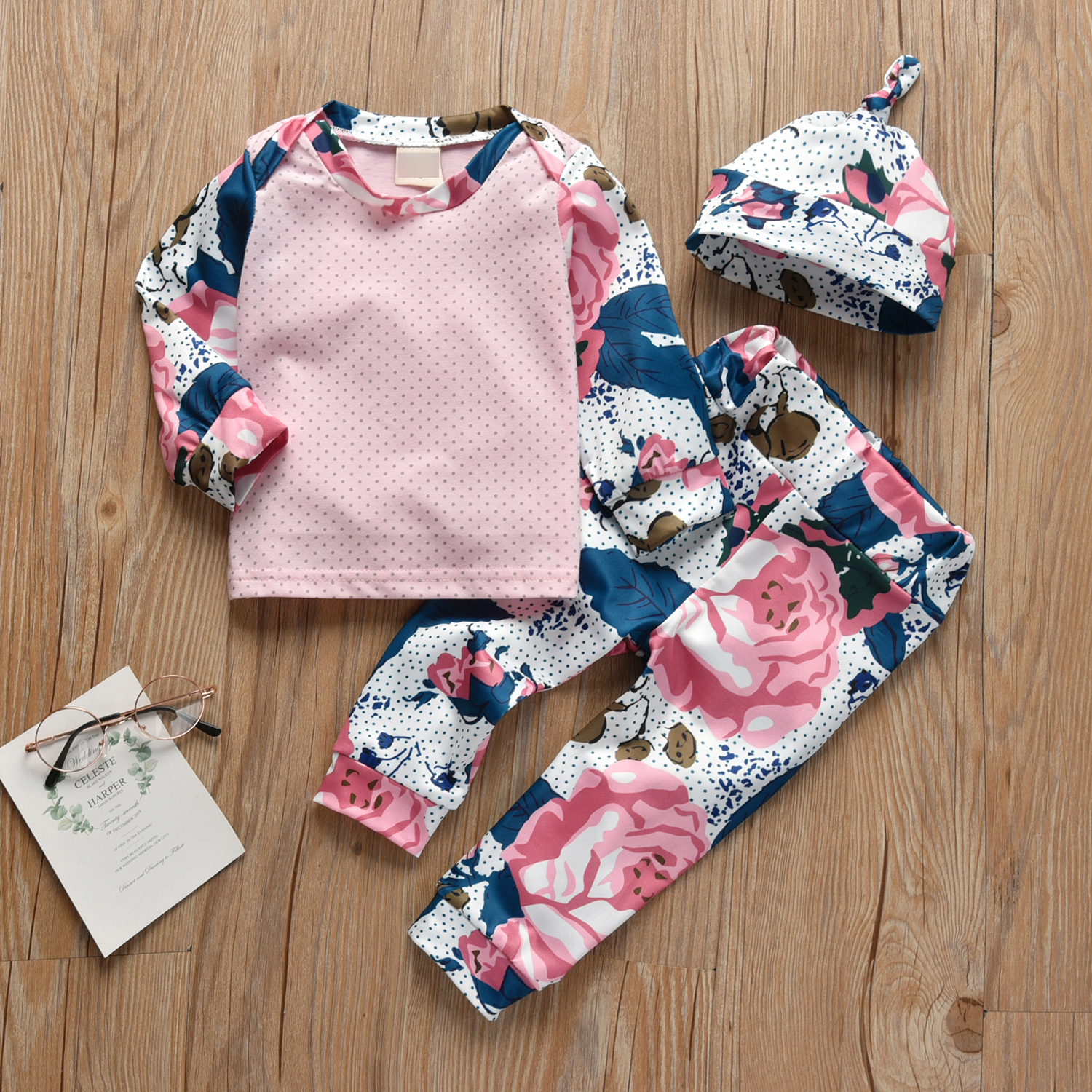 

3-piece Baby / Toddler Polka Dots Floral Print Tee and Pants with Hat Set