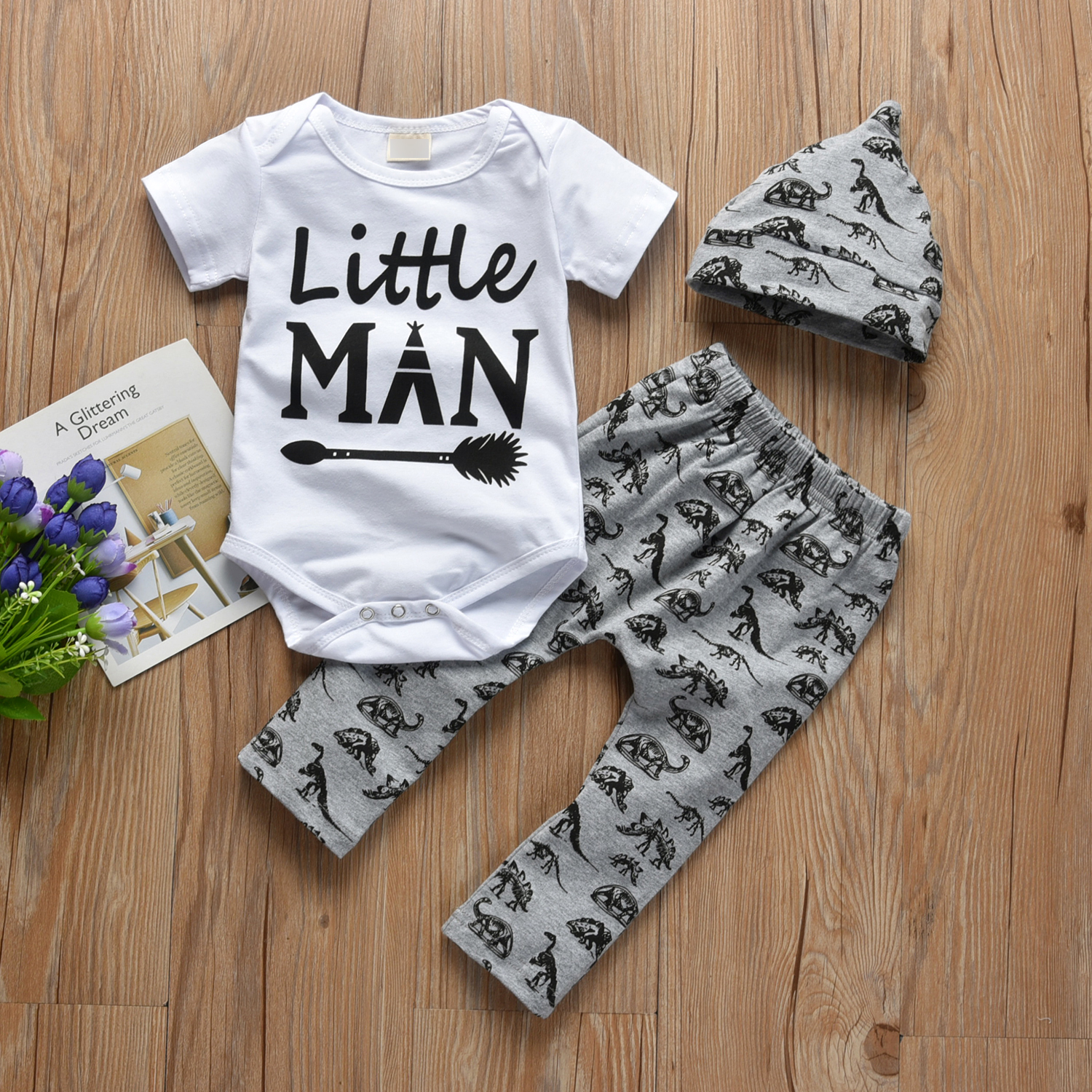 

Baby / Toddler LITTLE MAN Print Bodysuit and Dino Pants with Hat Set