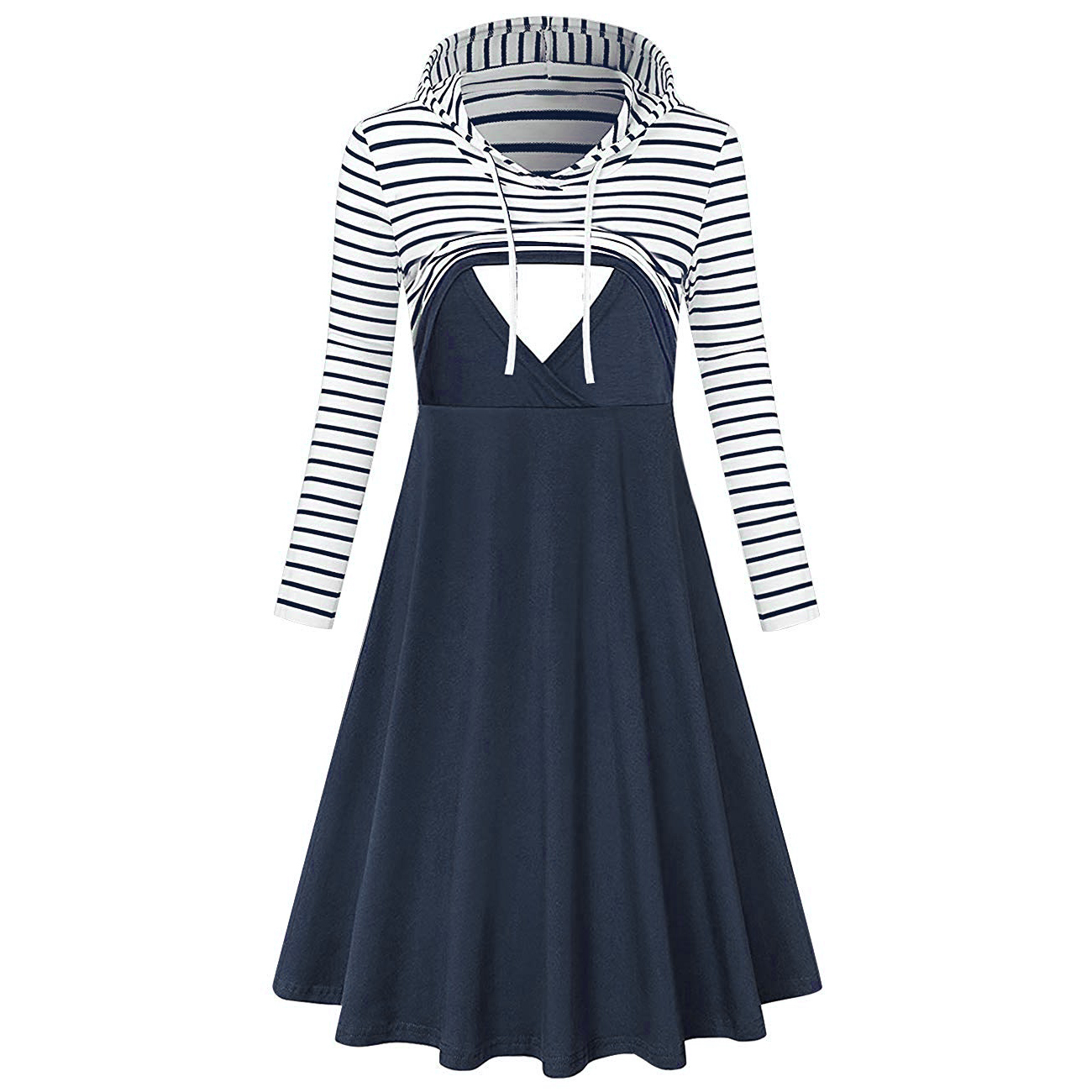 

Casual Striped Long-sleeve Hooded Nursing Dress