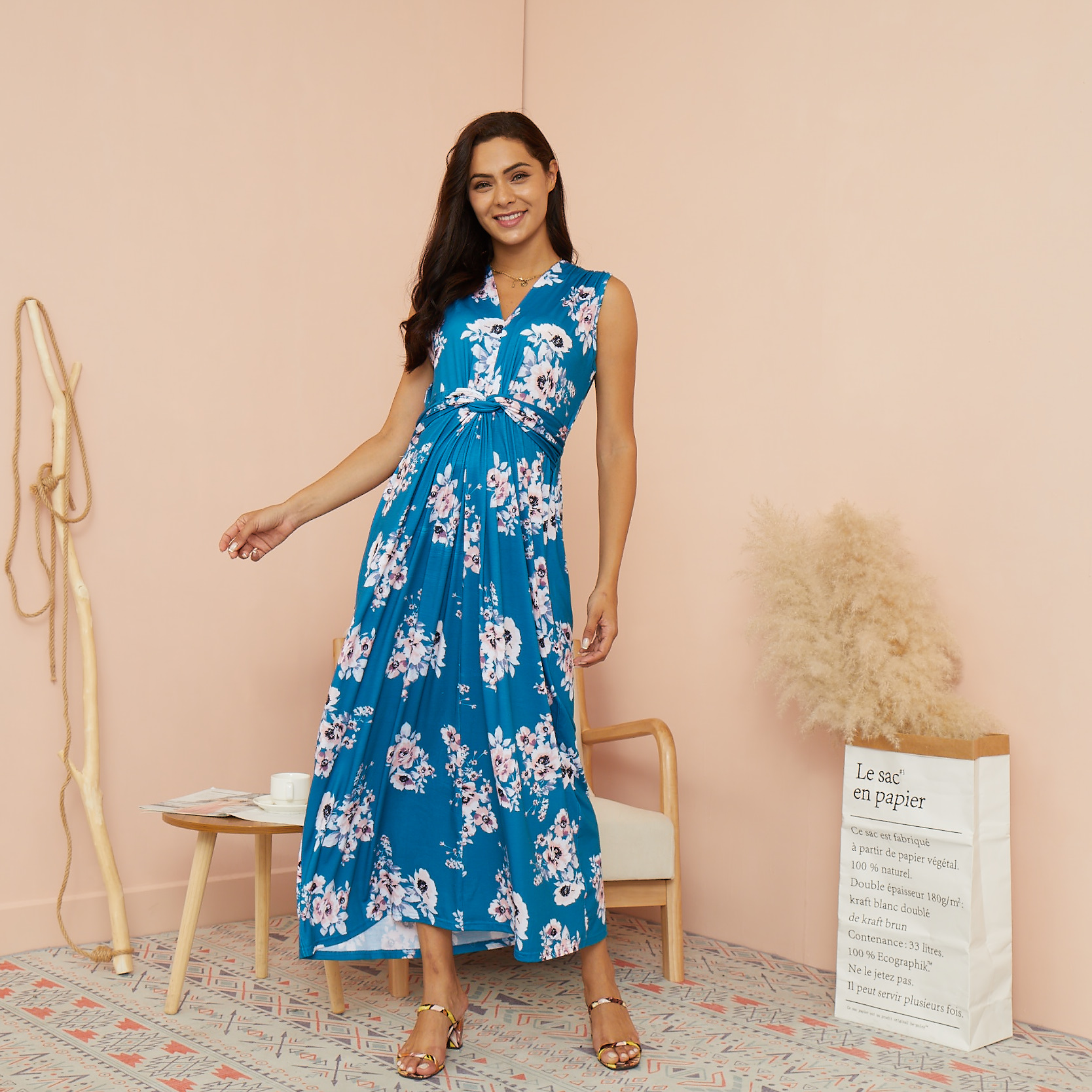 

Maternity V-neck Floral full print Green Maxi Tank Sleeveless Dress