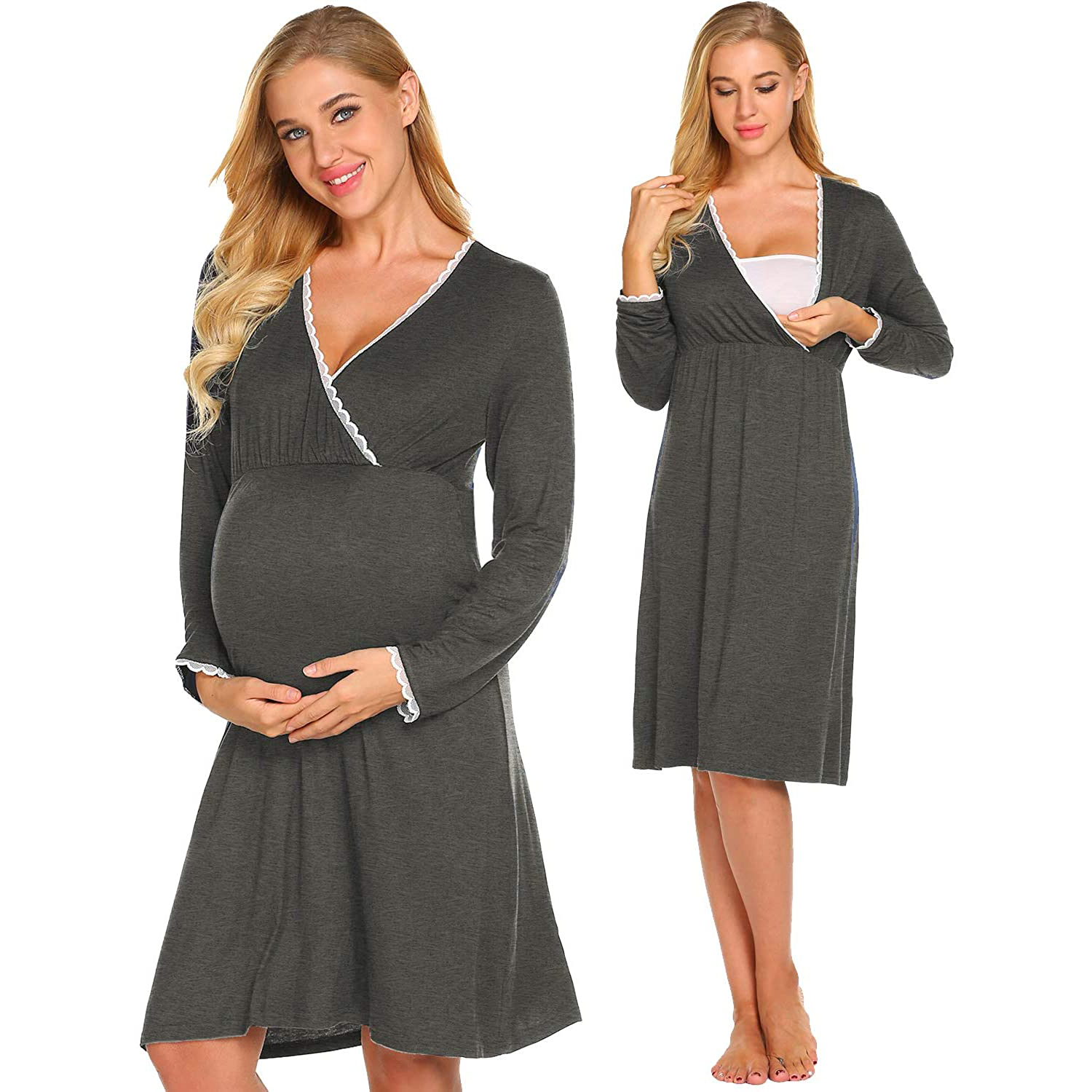 

Maternity V-neck Color Block Plain Knee length X Long-sleeve Nursing Dress