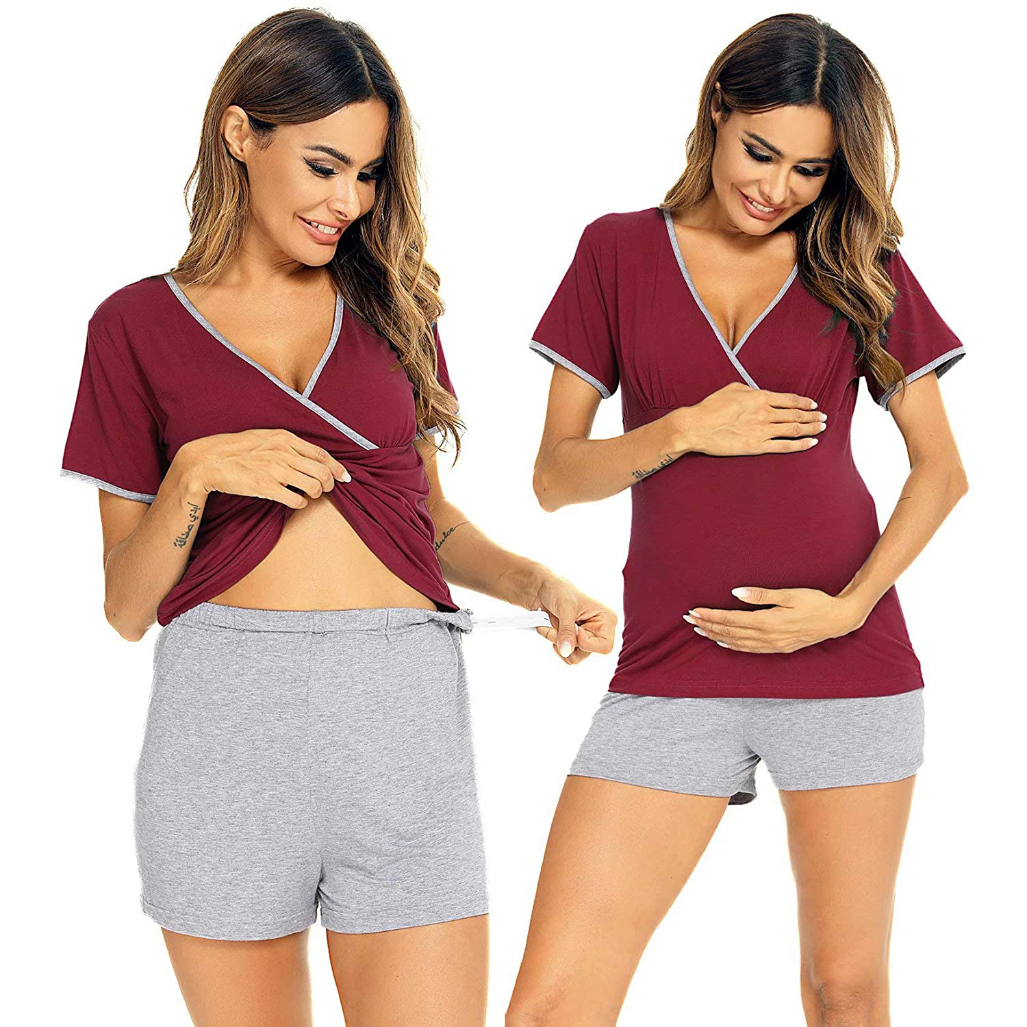 

Maternity casual Color Block Print Nursing Pajamas Set
