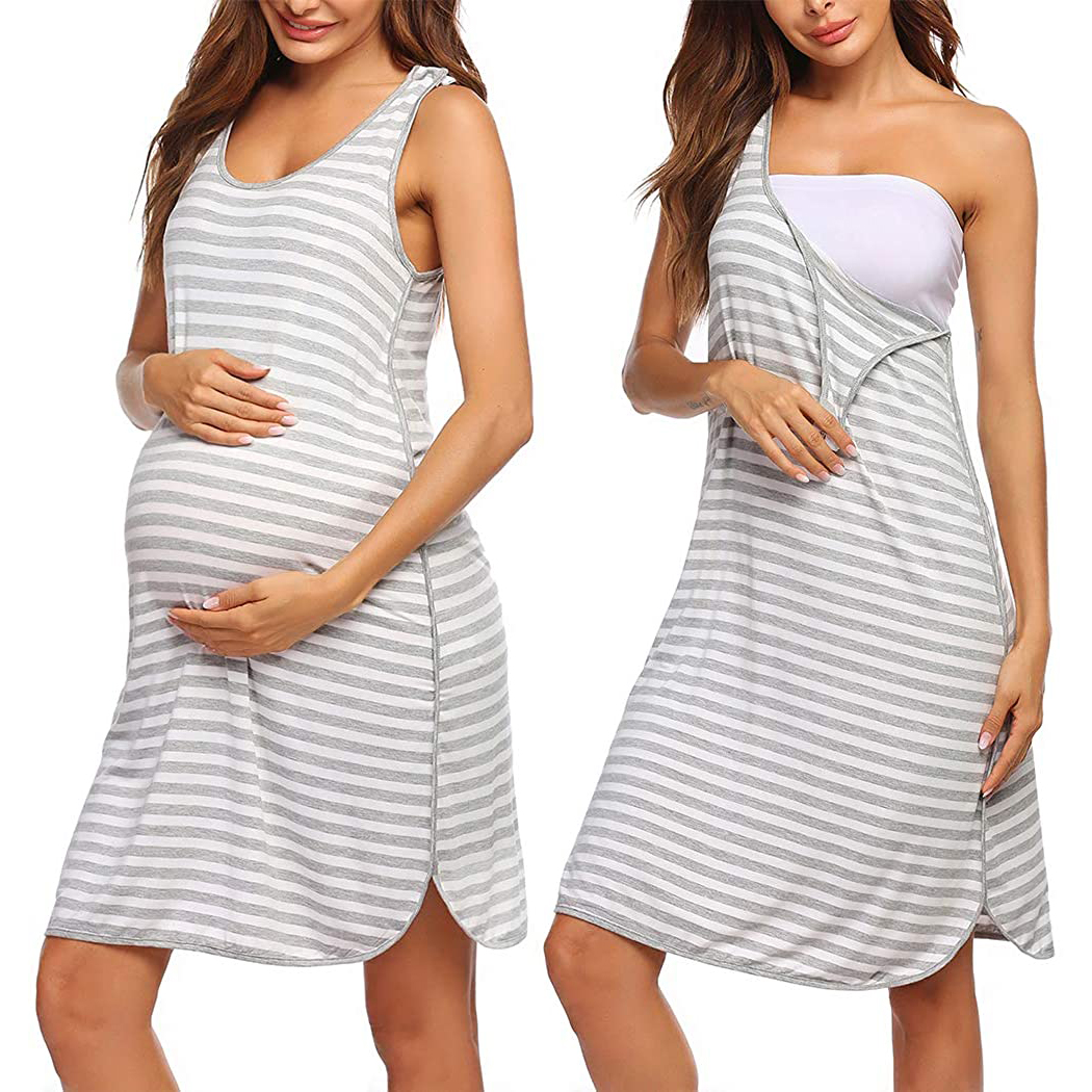 

Stripes Round collar Sleeveless Women Nursing Dress