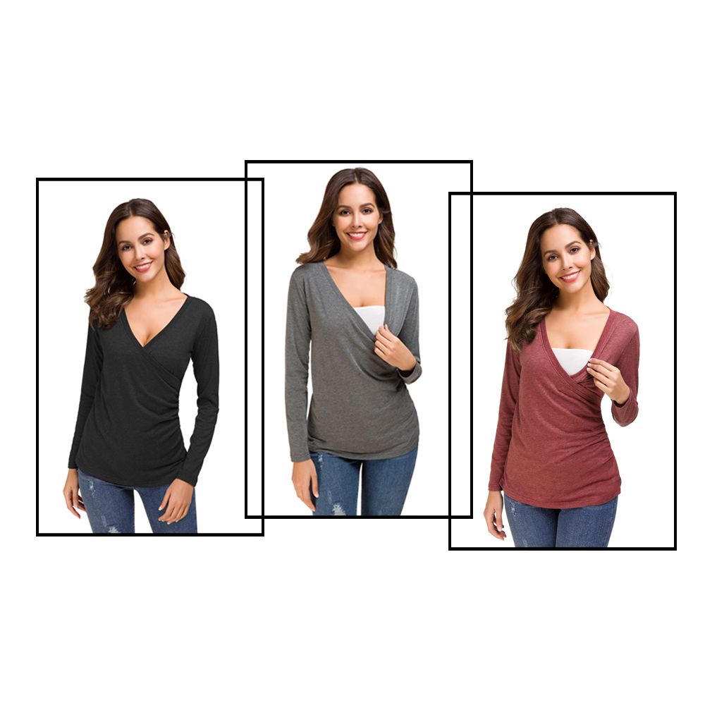 

Nursing Solid Color V Neck Long-sleeve Maternity Top