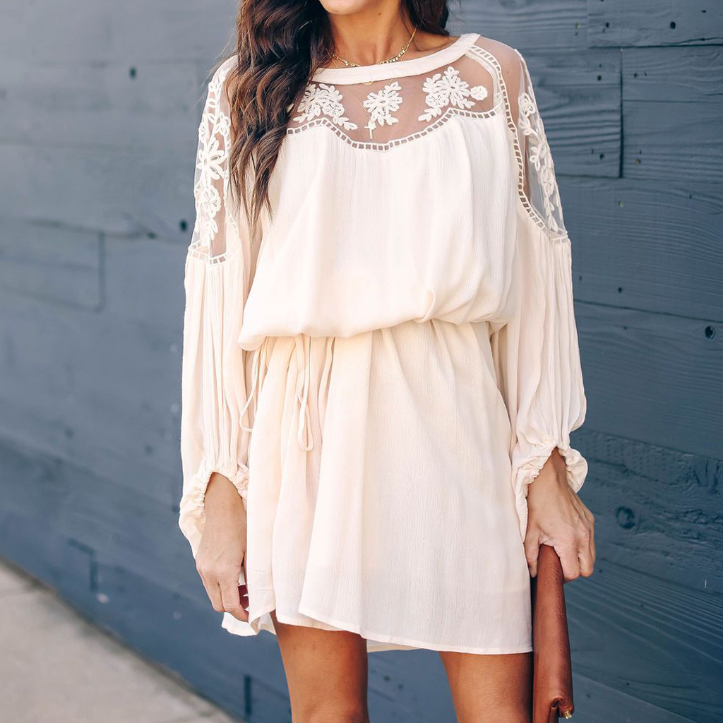 

Solid Lace Tie-up Long-sleeve Mini Dress