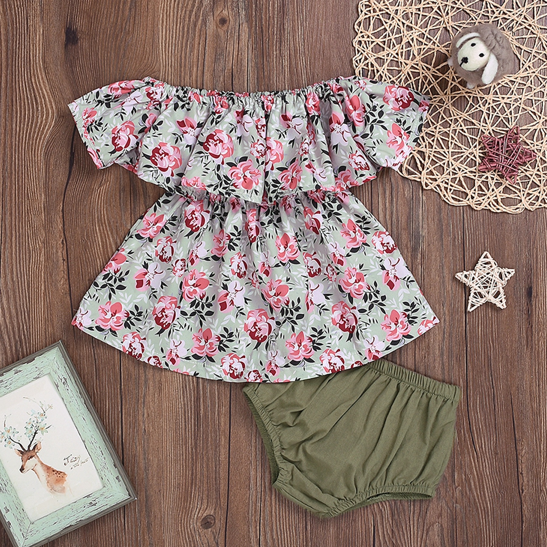 

Baby Girl Pretty Floral Print Off Shoulder Top and Solid PP Shorts Set