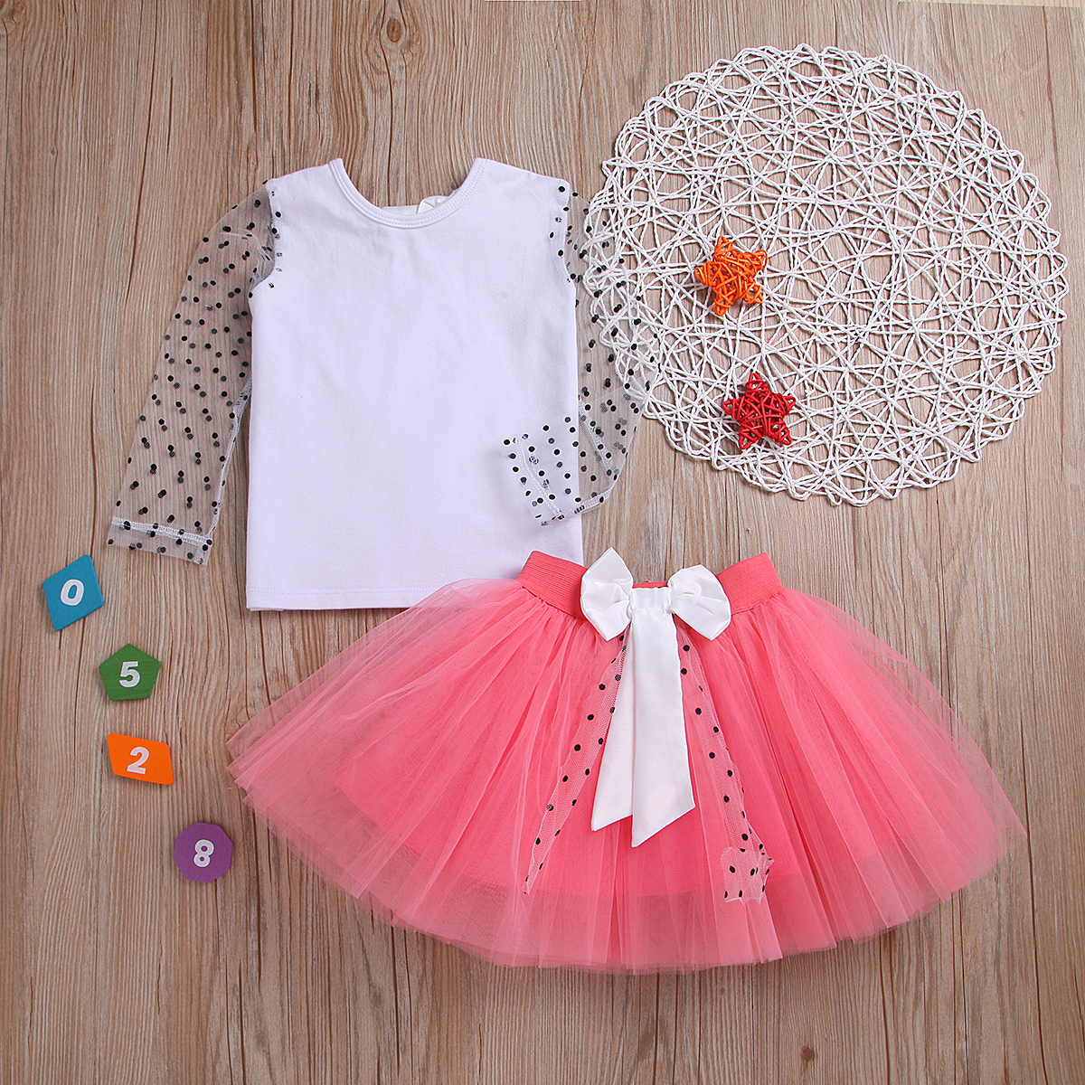 

Fashionable Bowknot Decor Top and Mesh Layered Skirt Set