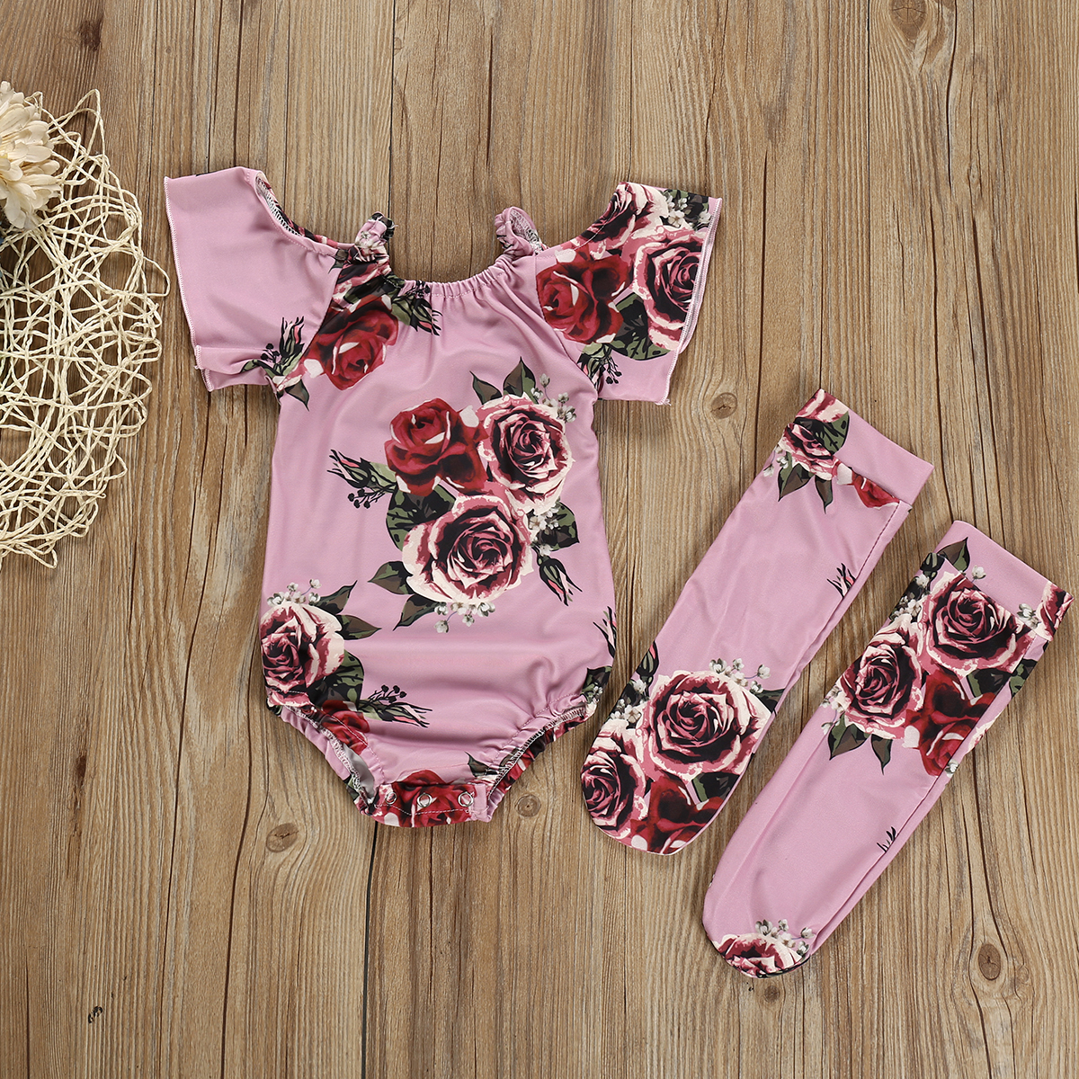 

Baby Cold Shoulder Rose Floral Print Bodysuit and Legwear Socks