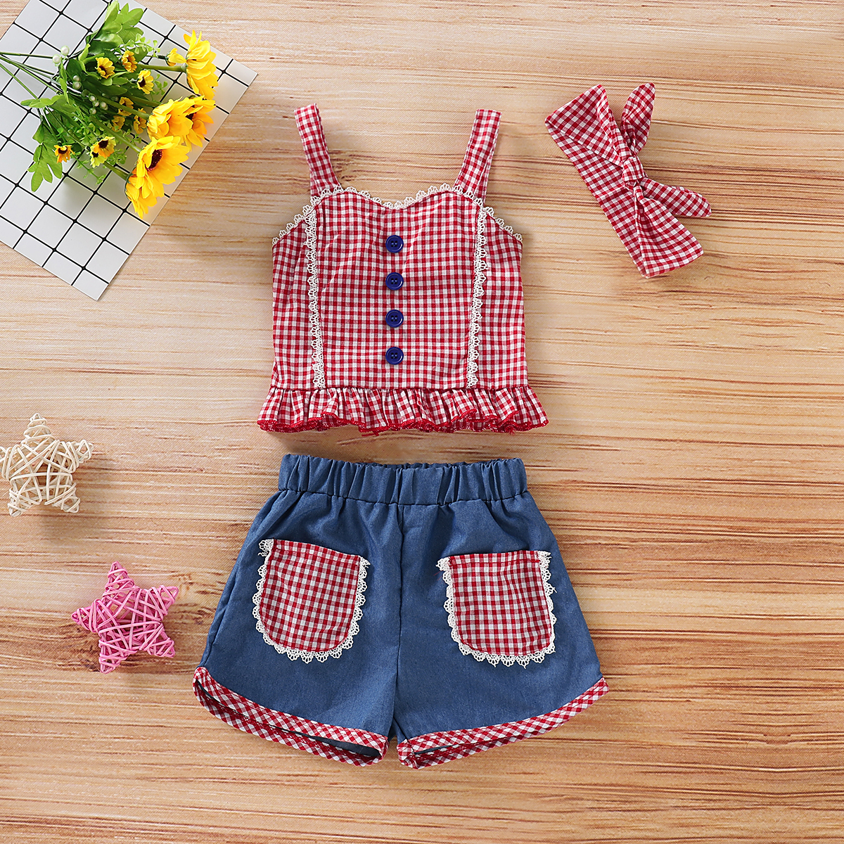 

Baby/ Toddler Girl's Plaid Lace Decor Strap Top, Color Blocked Shorts and Bow Headband