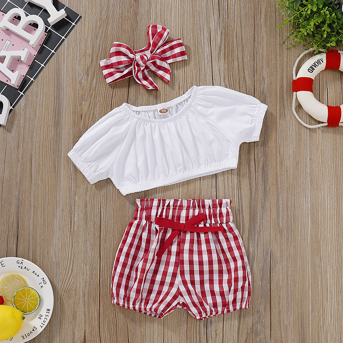

3-piece Baby Girl Solid Top and Bow Decor Plaid Shorts with Headband Set