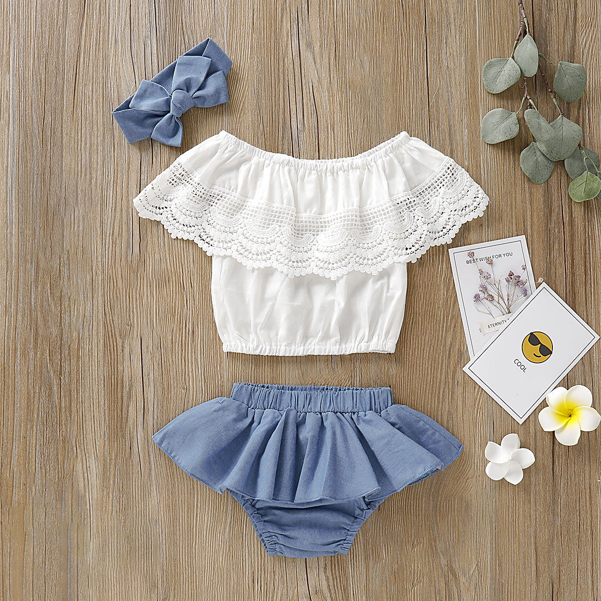 

3-piece Solid Top, Denim Shorts and Headband