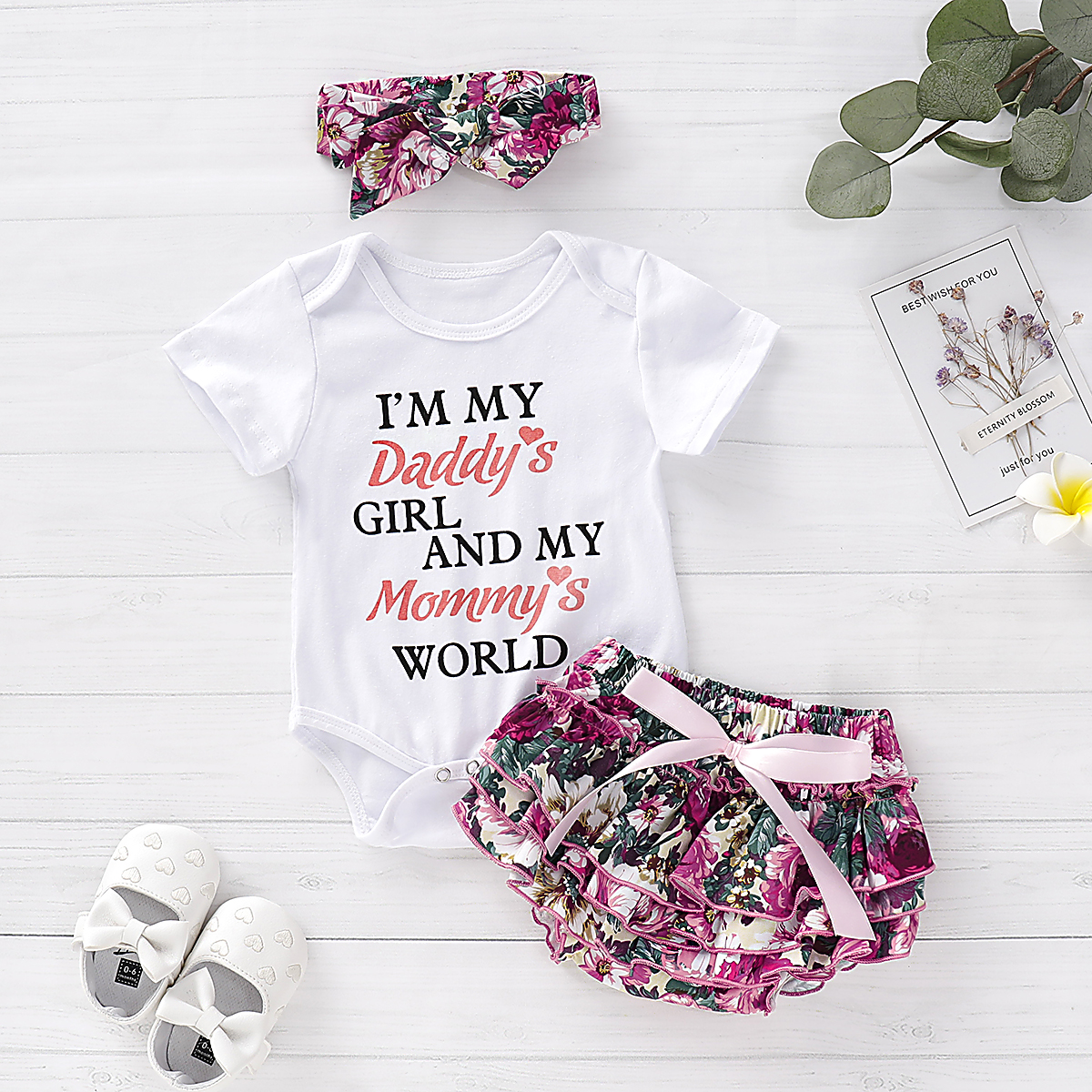 

3-piece Baby Girl Letter Print Bodysuit and Floral Shorts with Headband Set