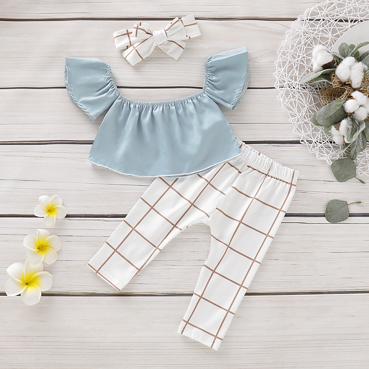 

3-piece Baby / Toddler Trendy Flutter-sleeve Top and Plaid Style Pants with Headband Set