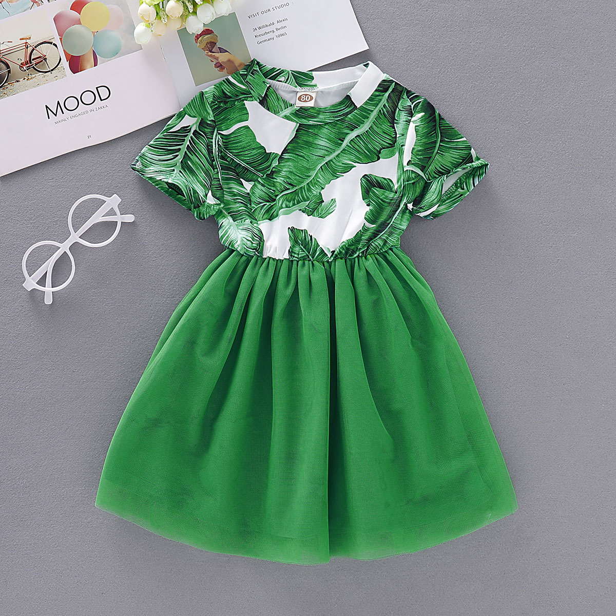 

Baby / Toddler Lovely Leaf Print Short-sleeve Splice Dress