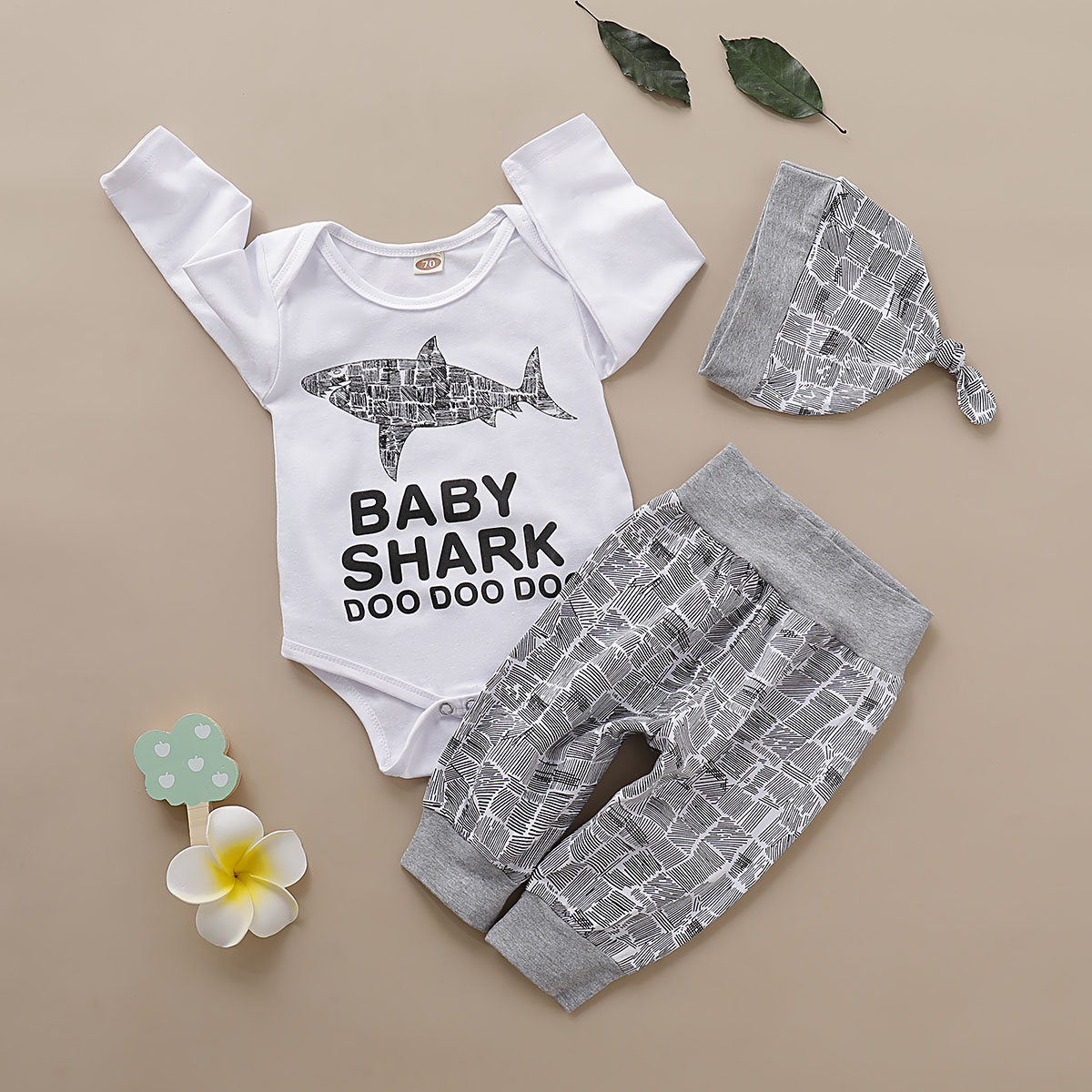 

3-piece Baby Boy BABY SHARK Print Long-sleeve Bodysuit and Striped Pants with Hat Set
