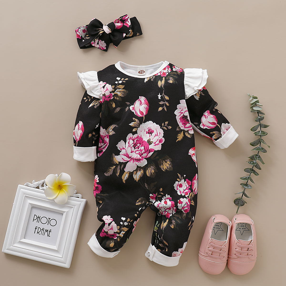 

Baby Girl Floral Allover Long-sleeve Jumpsuit and Headband