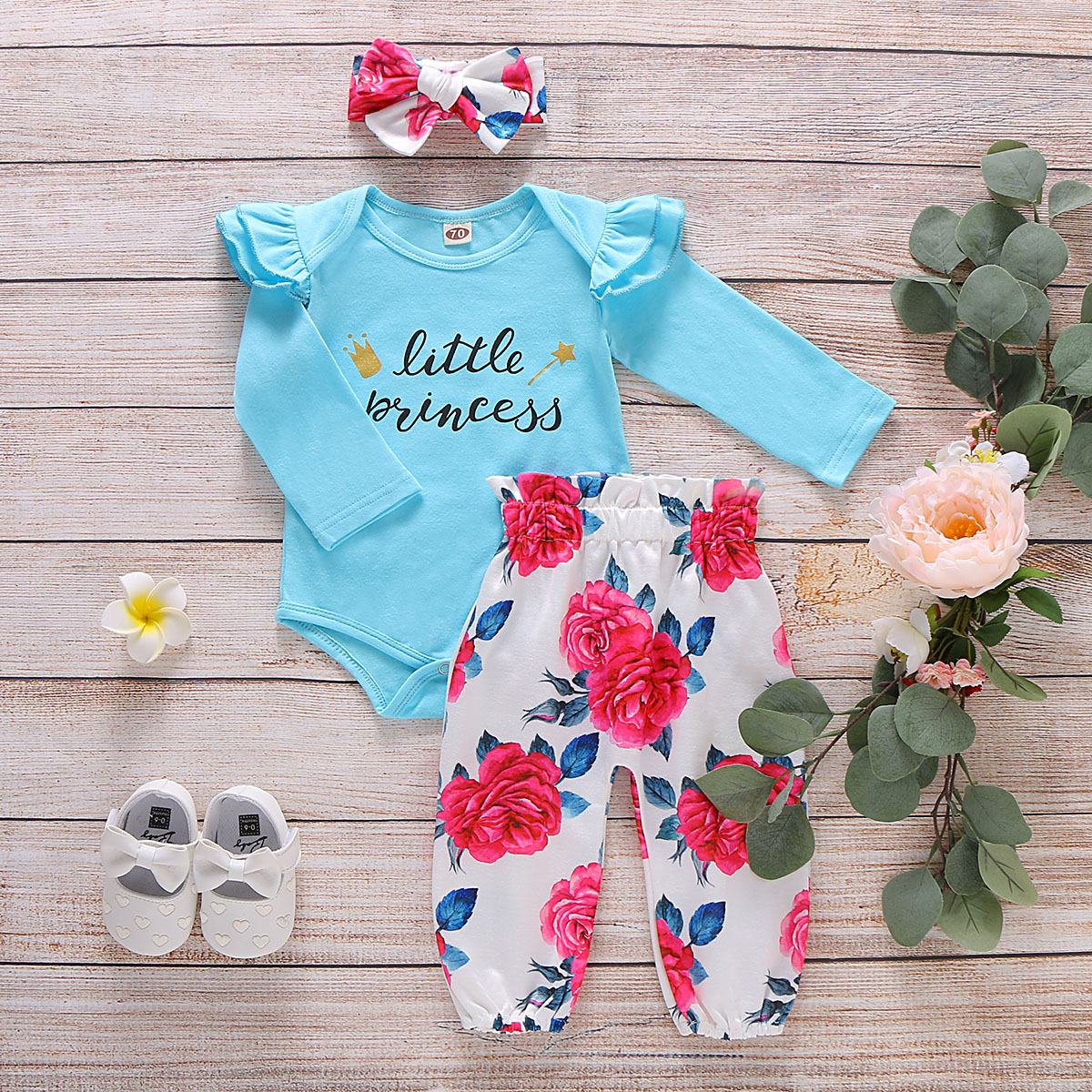

3-piece Baby Girl LITTLE PRINCESS Print Long-sleeve Bodysuit and Floral Pants with Headband Set